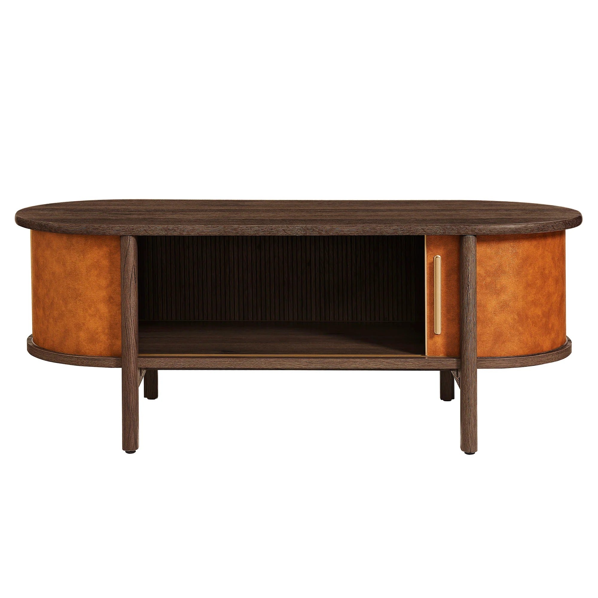 Coralie Curved Vegan Leather Oval Coffee Table in Walnut Tan