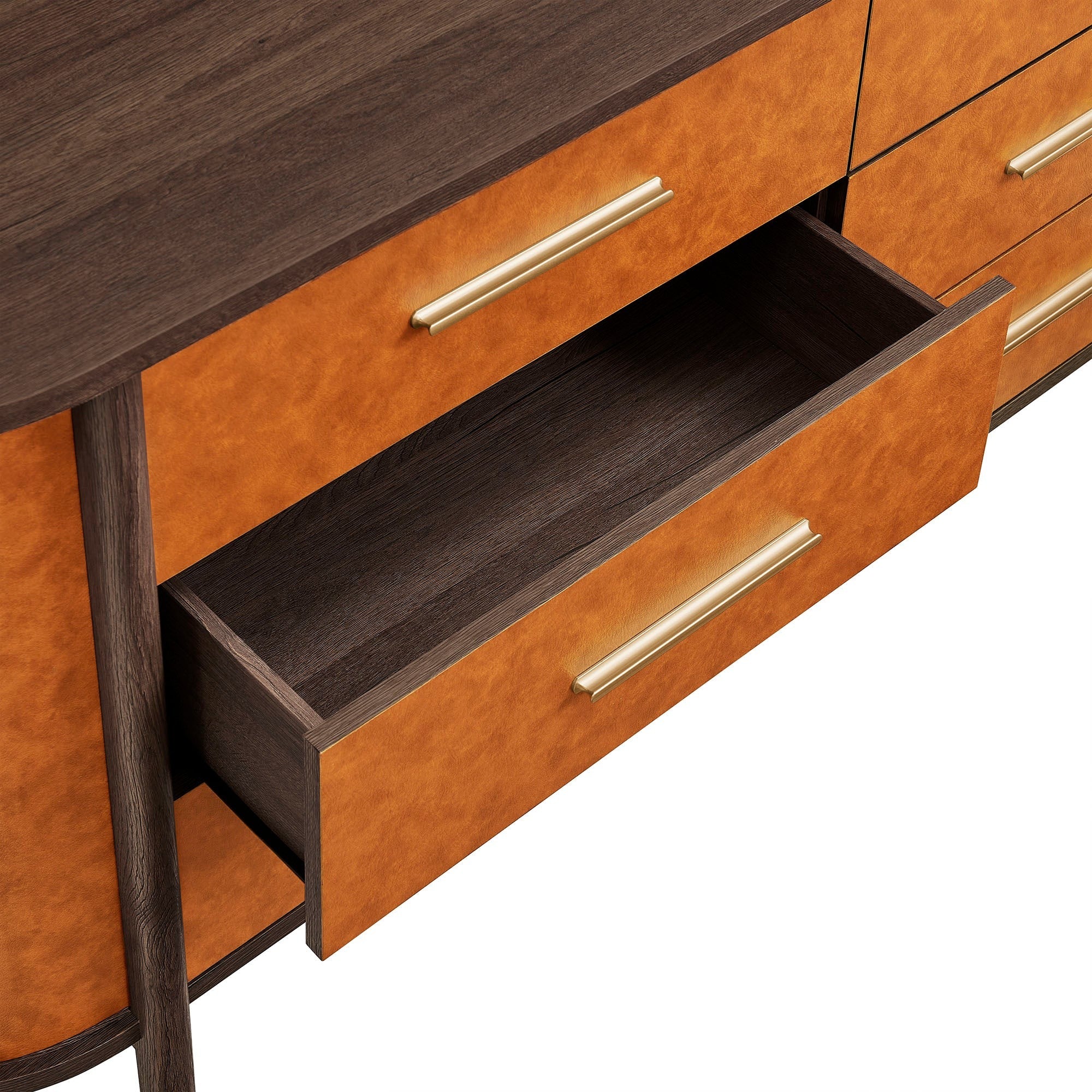 Coralie Curved 6-Drawer Vegan Leather Oval Dresser in Walnut Tan