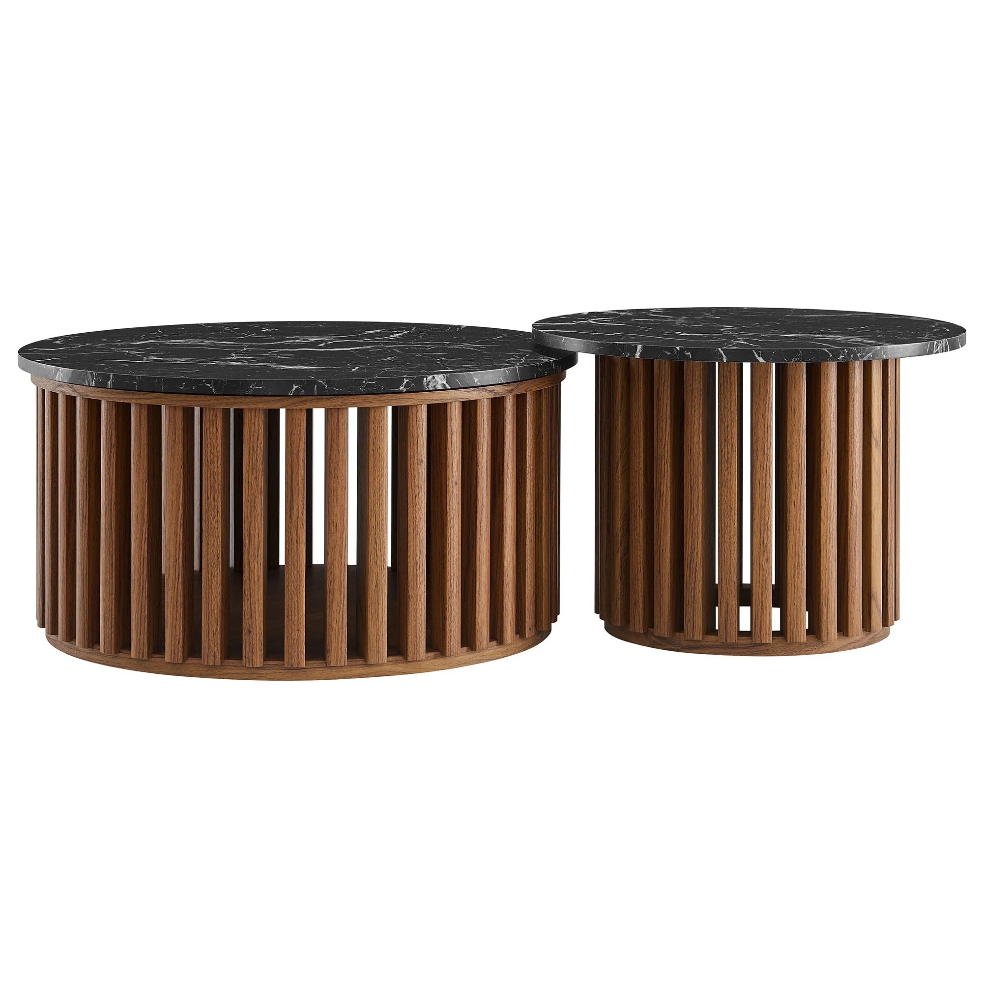 Fortitude Round Faux Marble Top Nesting Coffee Table Set in Walnut Black