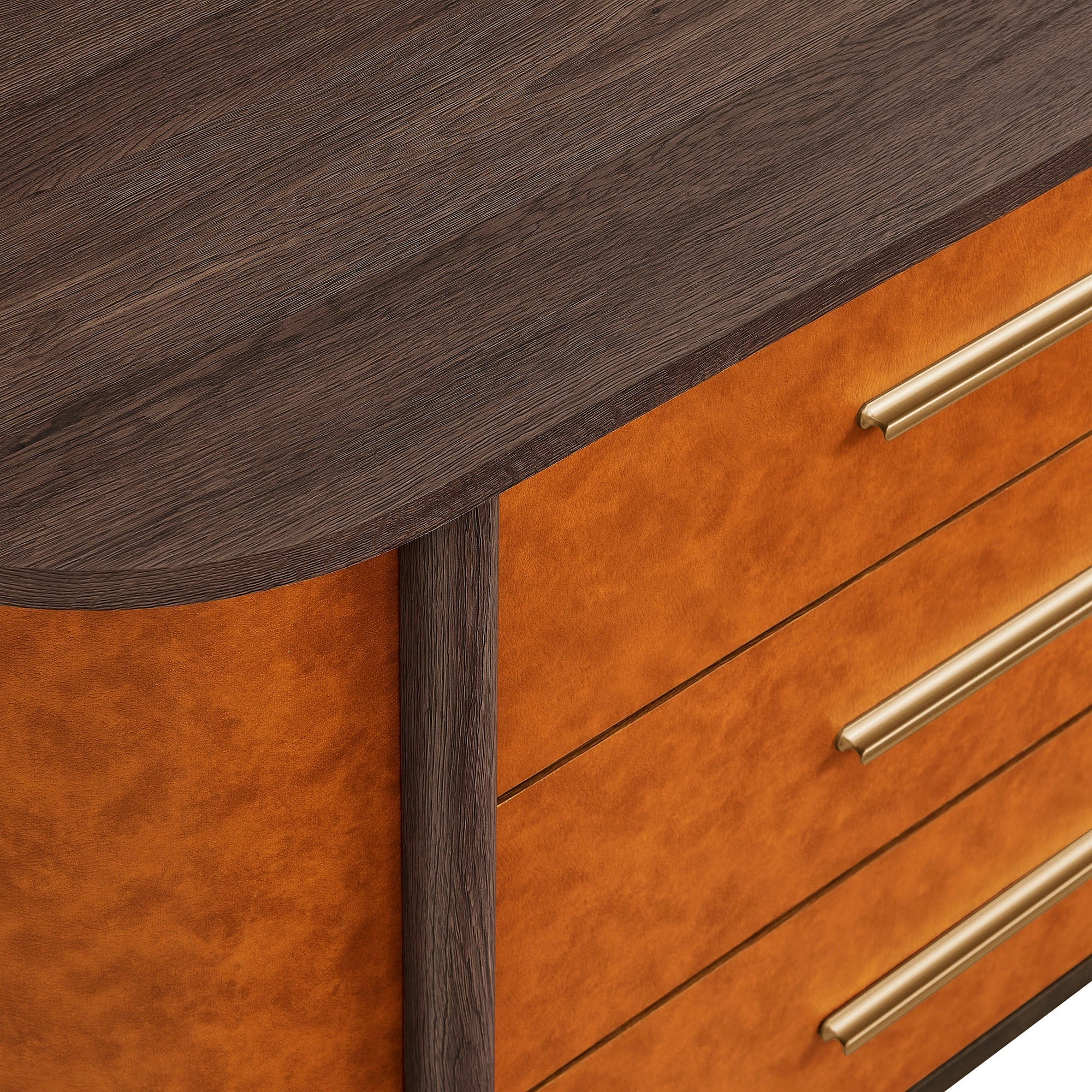 Coralie Curved 6-Drawer Vegan Leather Oval Dresser in Walnut Tan