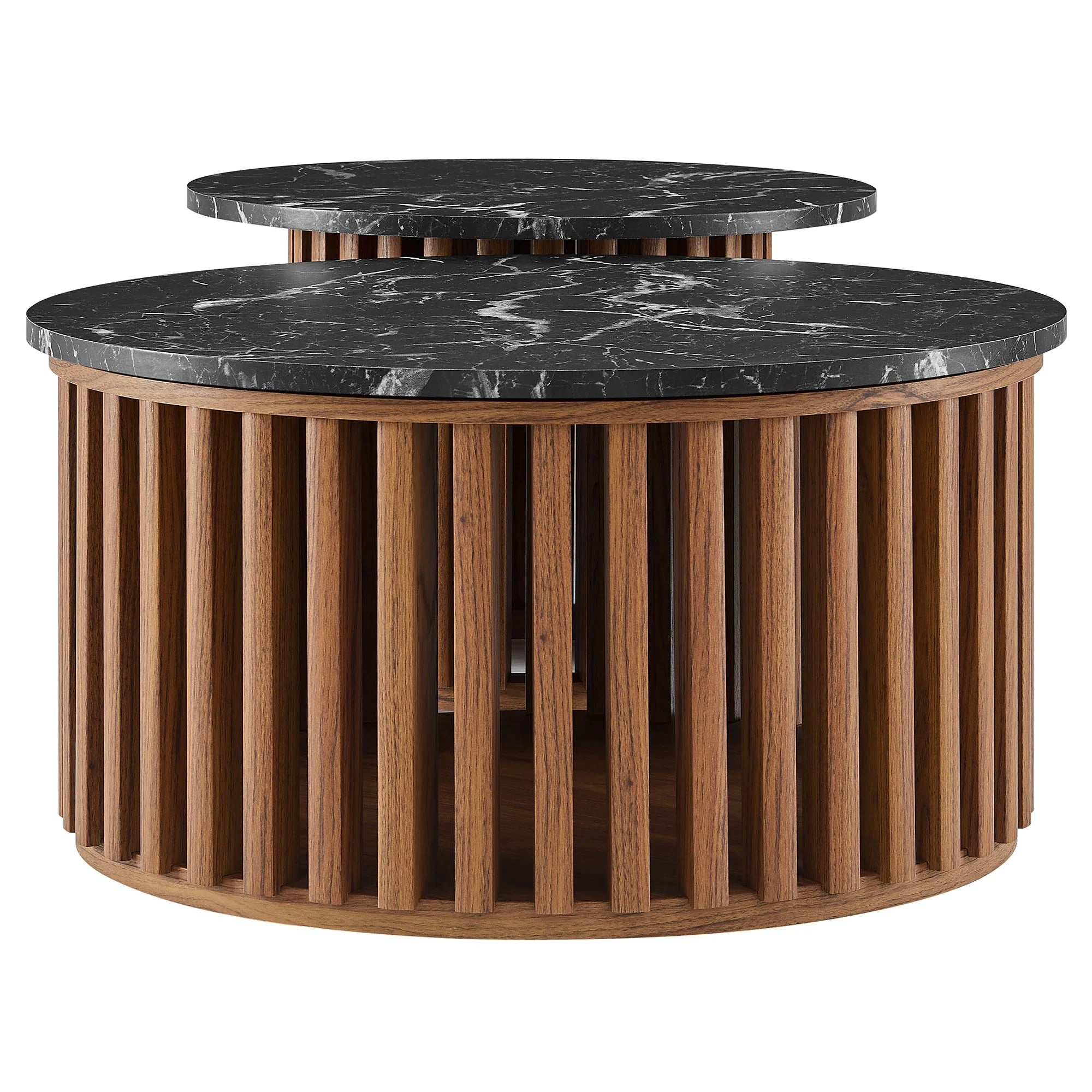 Fortitude Round Faux Marble Top Nesting Coffee Table Set in Walnut Black