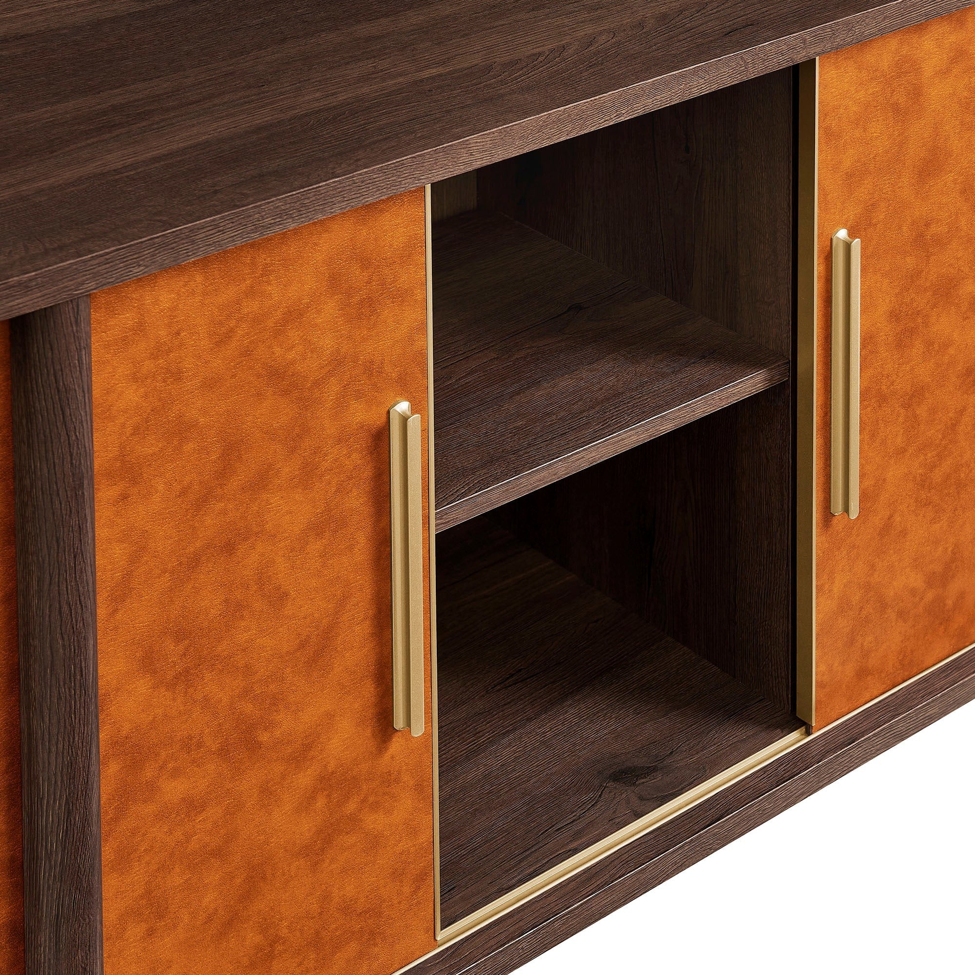 Coralie Curved Vegan Leather Oval Sideboard in Walnut Tan