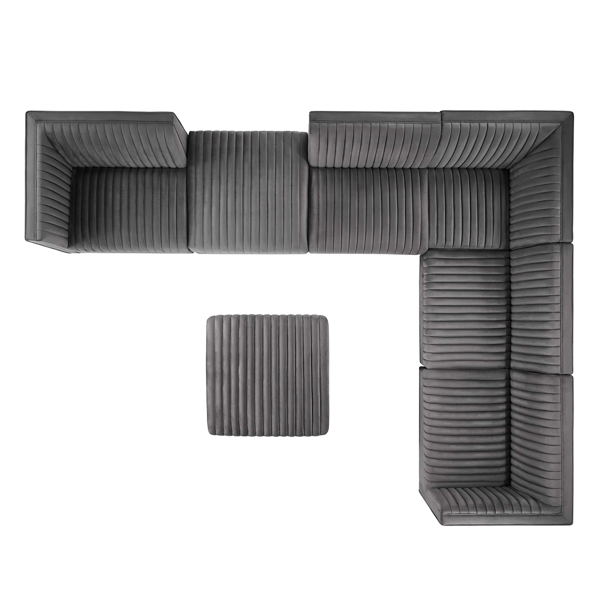 Sanguine 7-Piece Channel Tufted Performance Velvet Right-Facing Modular Sectional Sofa in Gray