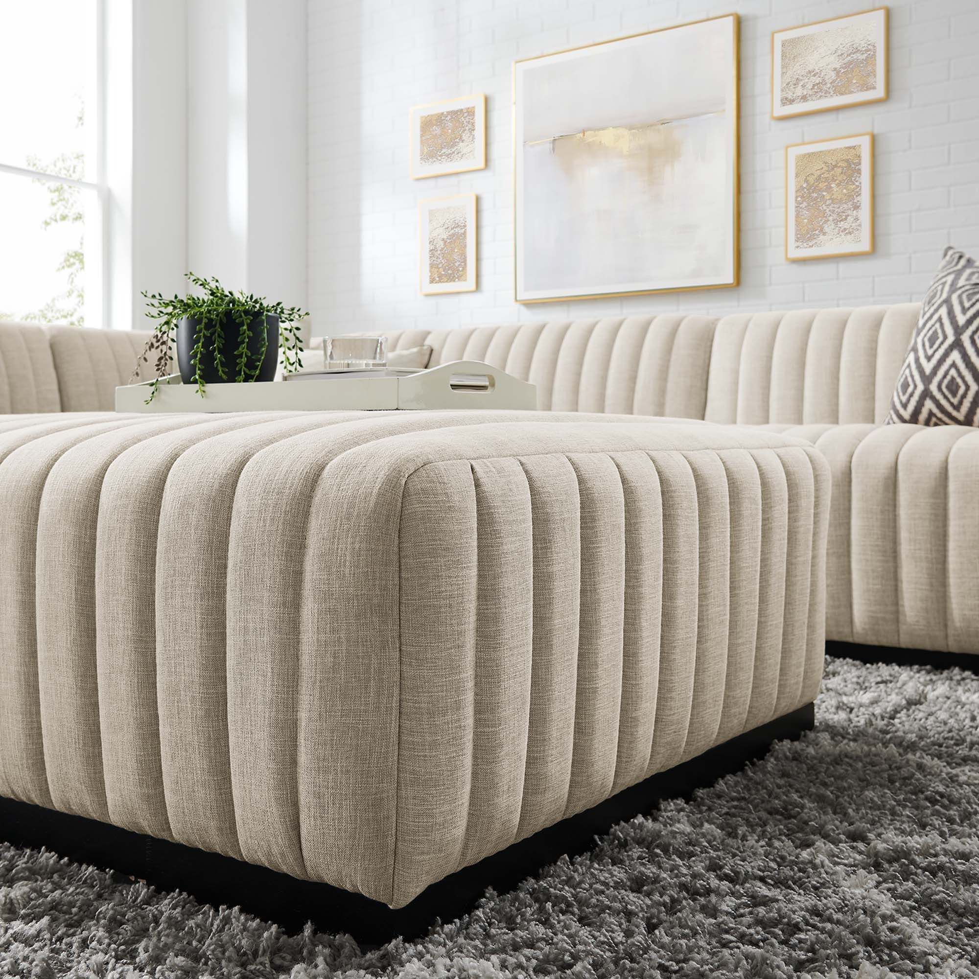 Conjure 5-Piece Channel Tufted Upholstered Fabric Sectional in Black Beige