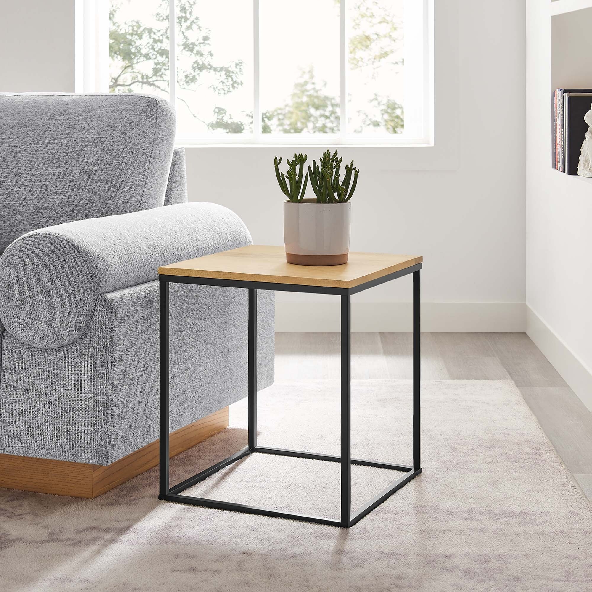 Zora Square Wood and Metal Side Table in Oak