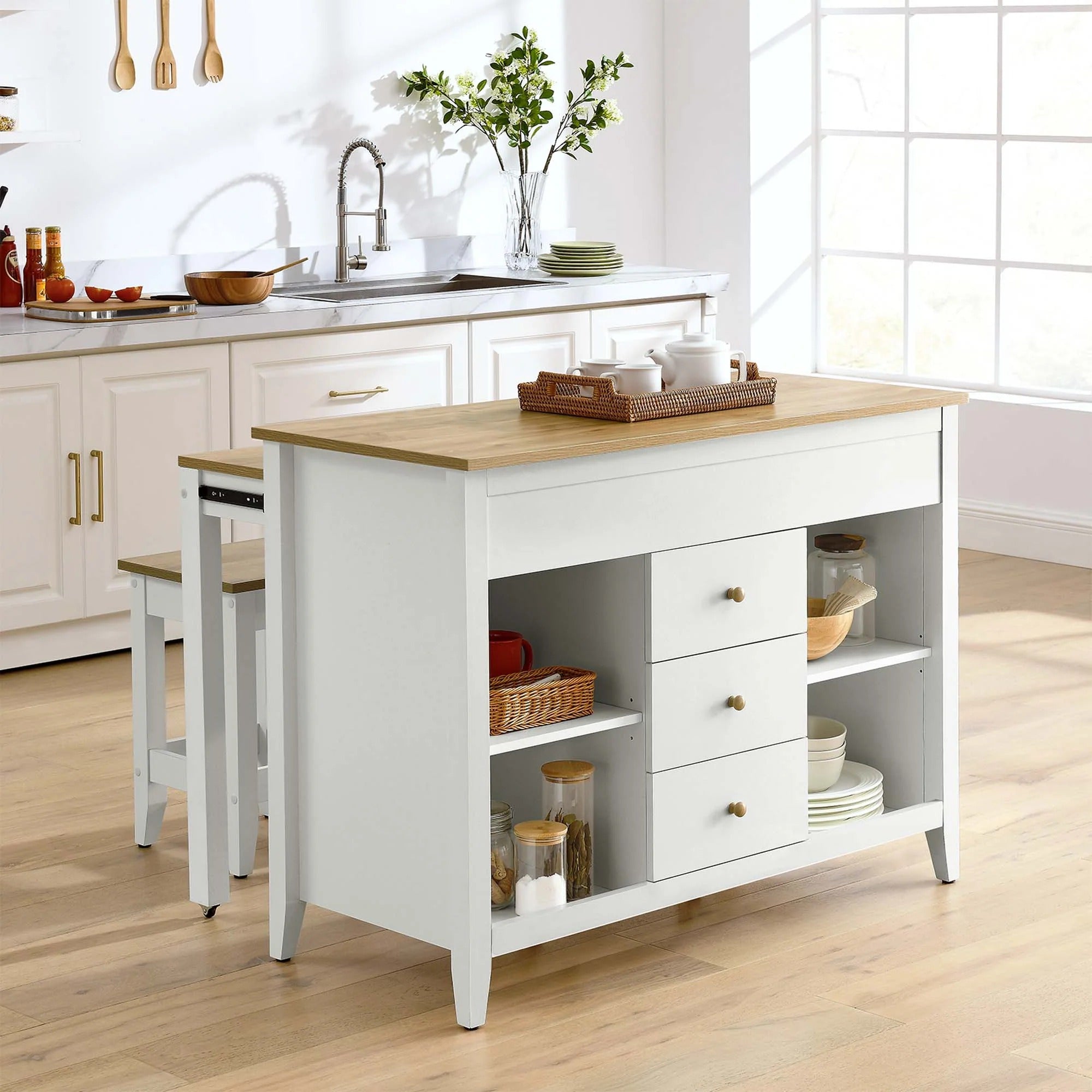 Farmstead 3-Piece Kitchen Island and Stool Set in Oak White