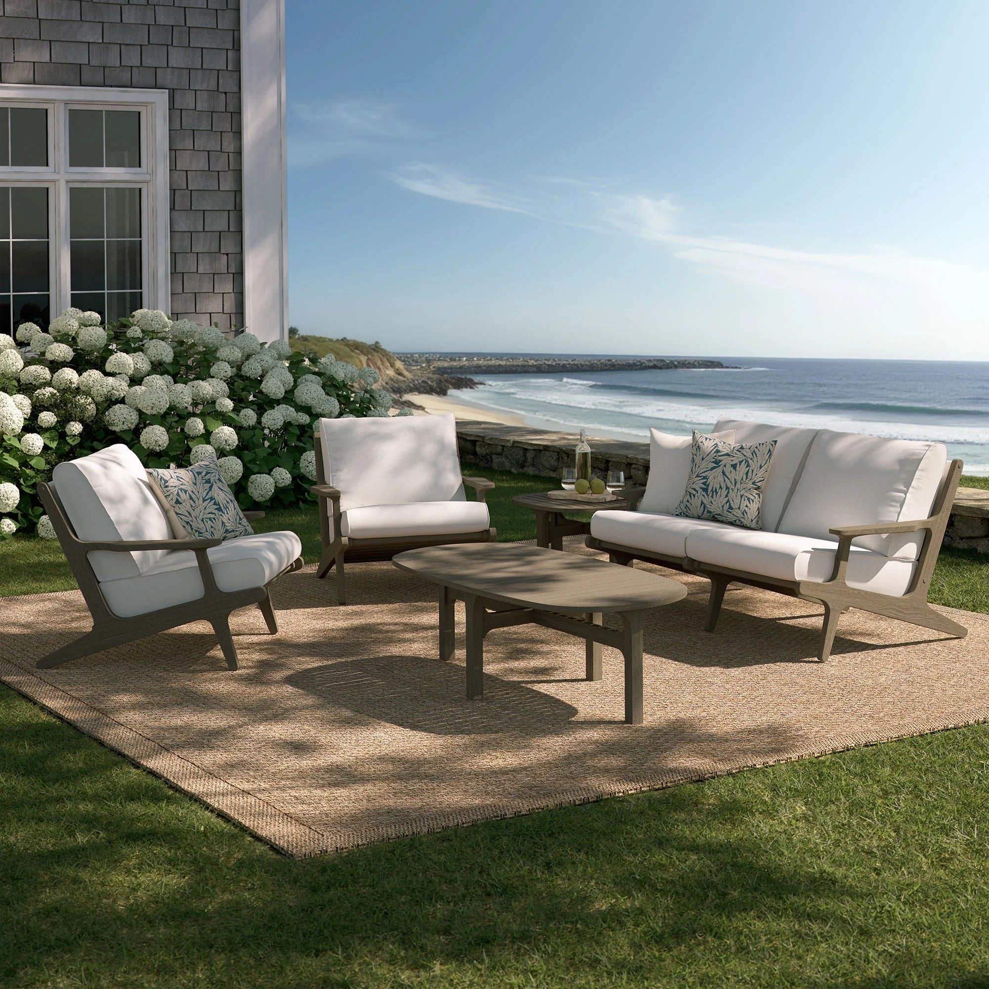 Saratoga 5-Piece Outdoor Patio Teak Wood Furniture Set in Weathered Gray White