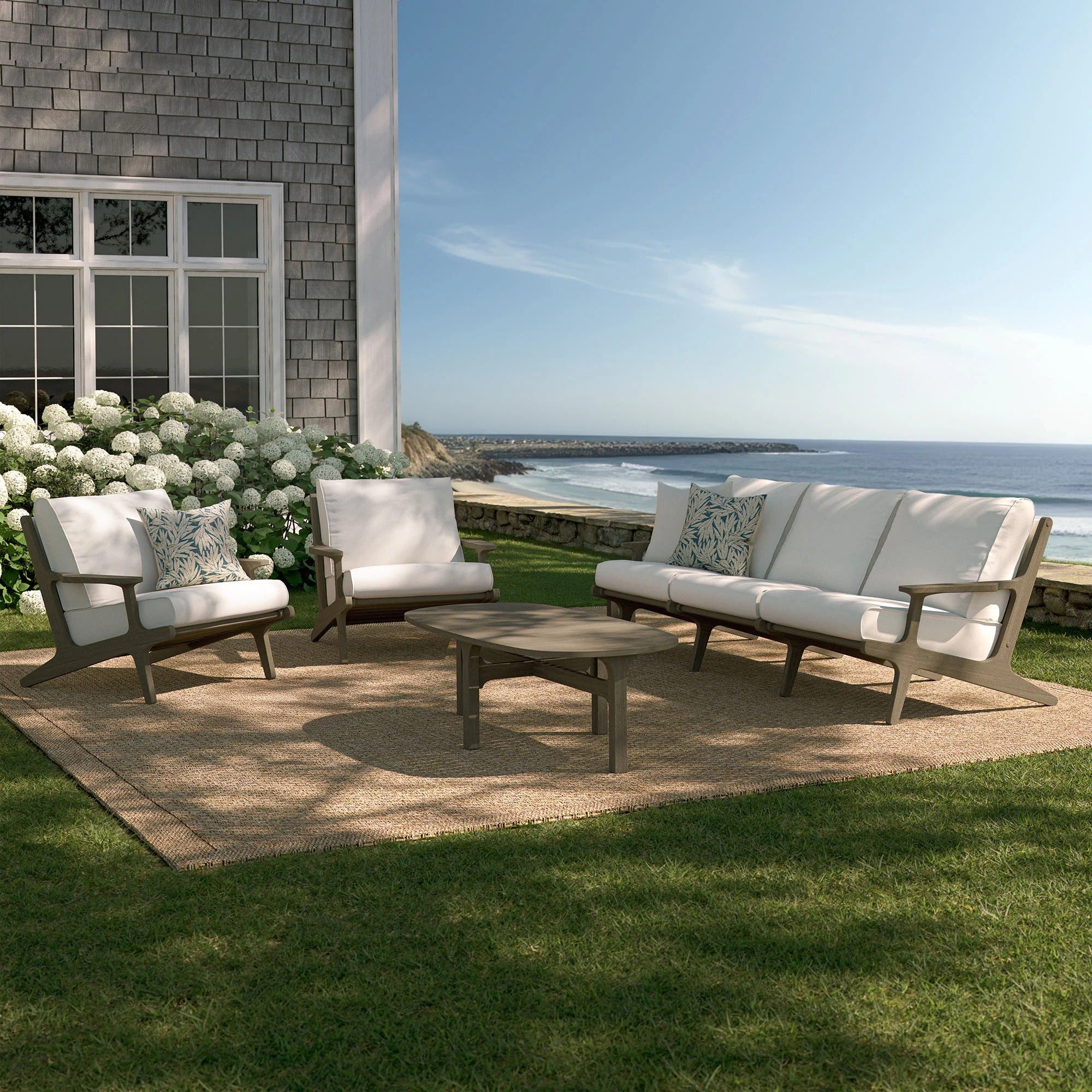 Saratoga 4-Piece Outdoor Patio Teak Wood Furniture Set in Weathered Gray White
