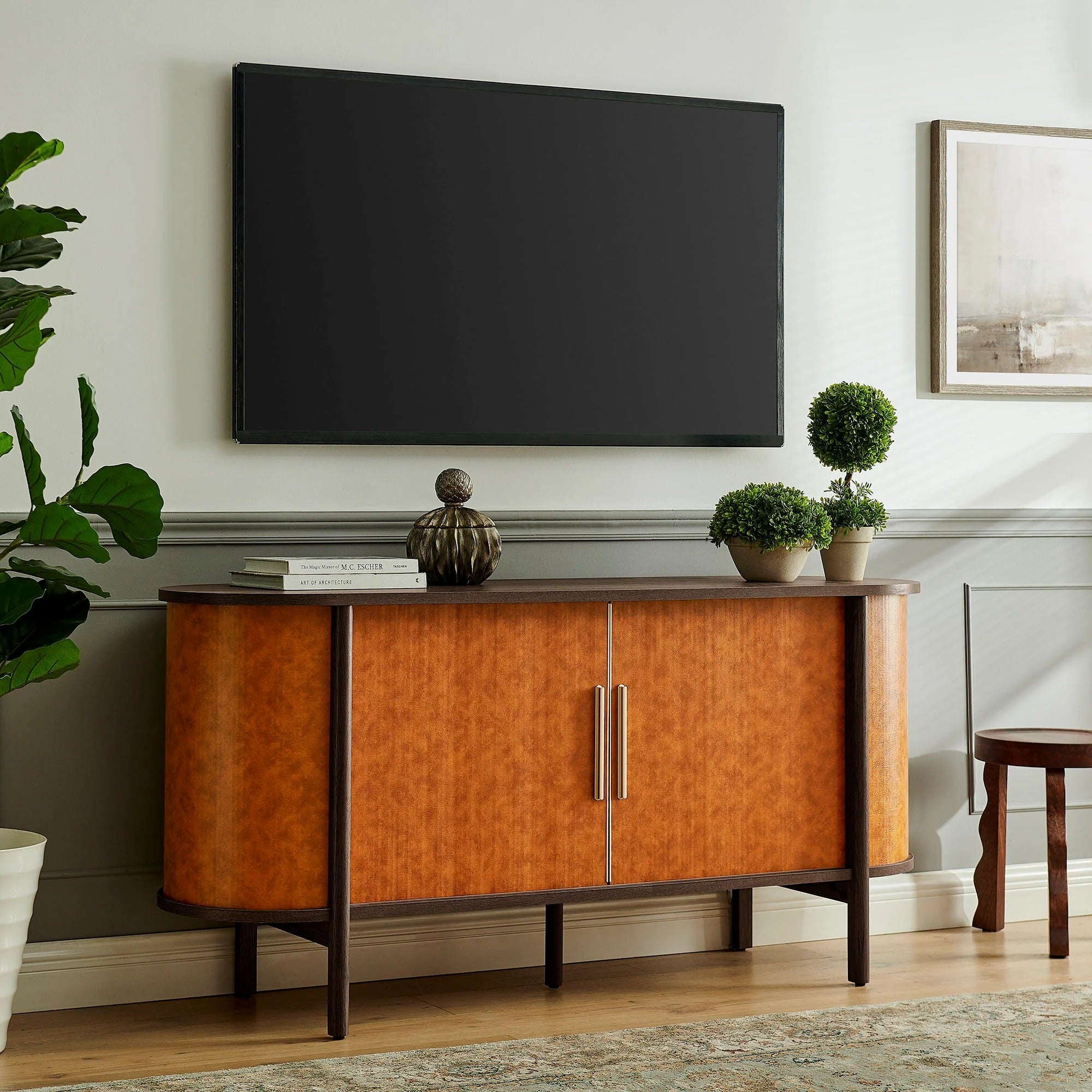 Coralie Curved Vegan Leather Oval Sideboard in Walnut Tan