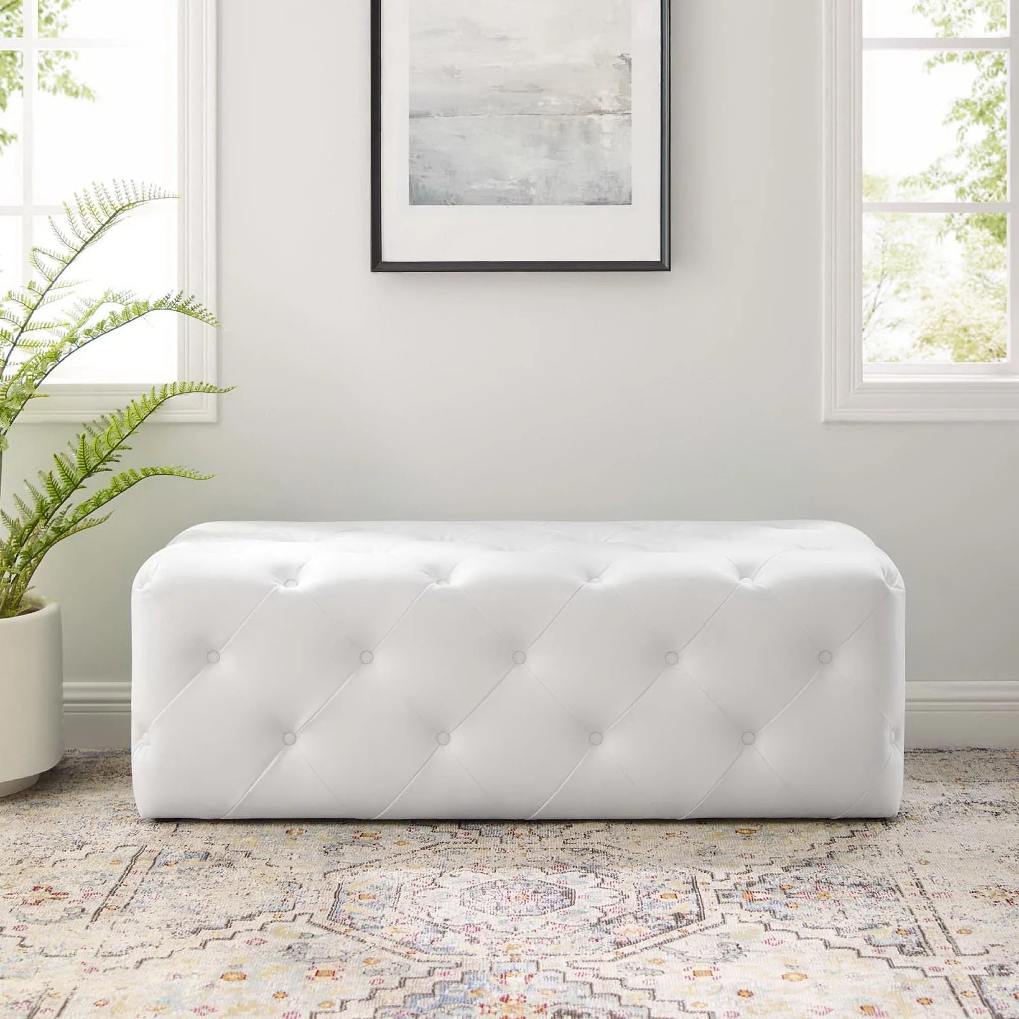 Amour 48" Tufted Button Entryway Faux Leather Bench in White