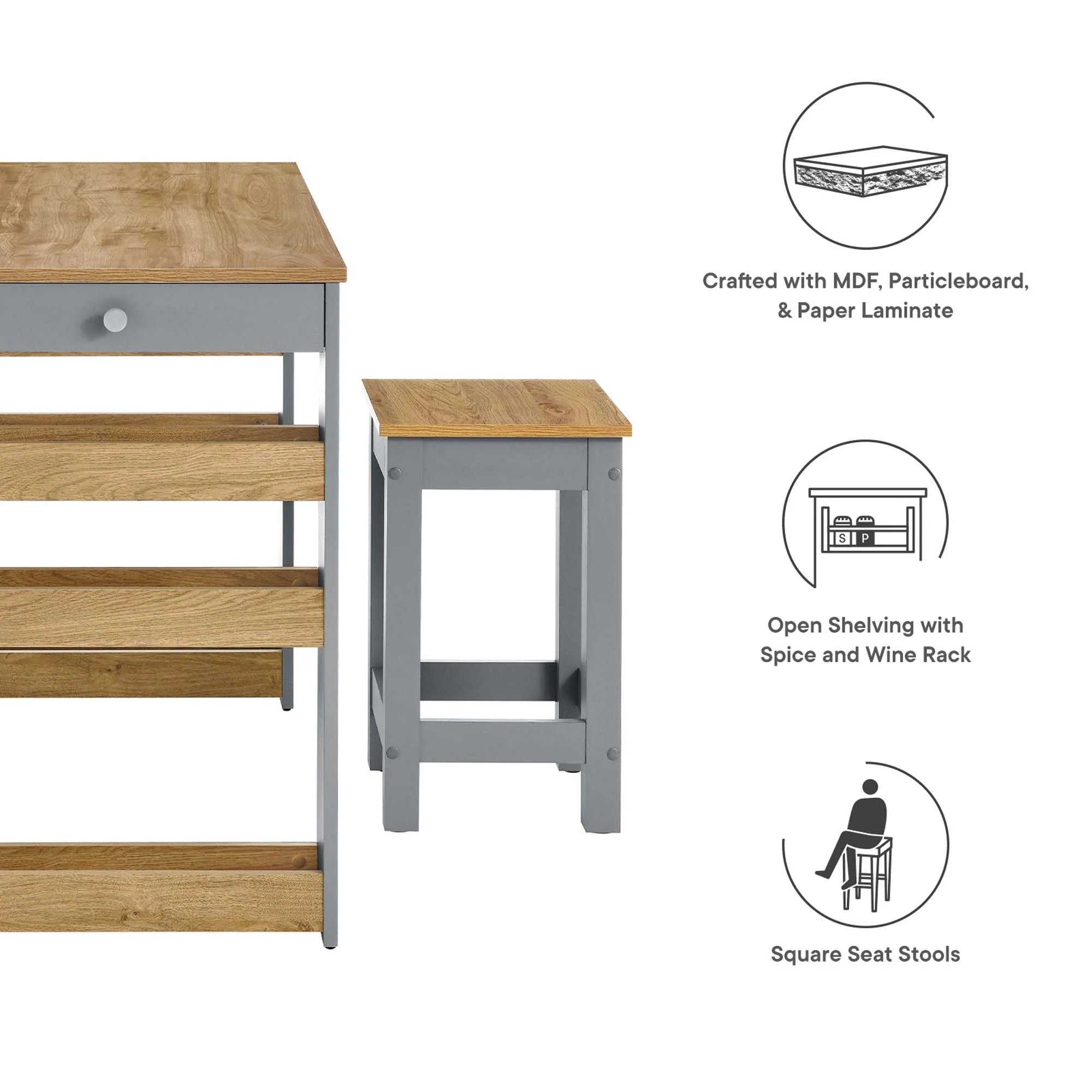 Galley 3-Piece Kitchen Island and Stool Set in Oak Gray