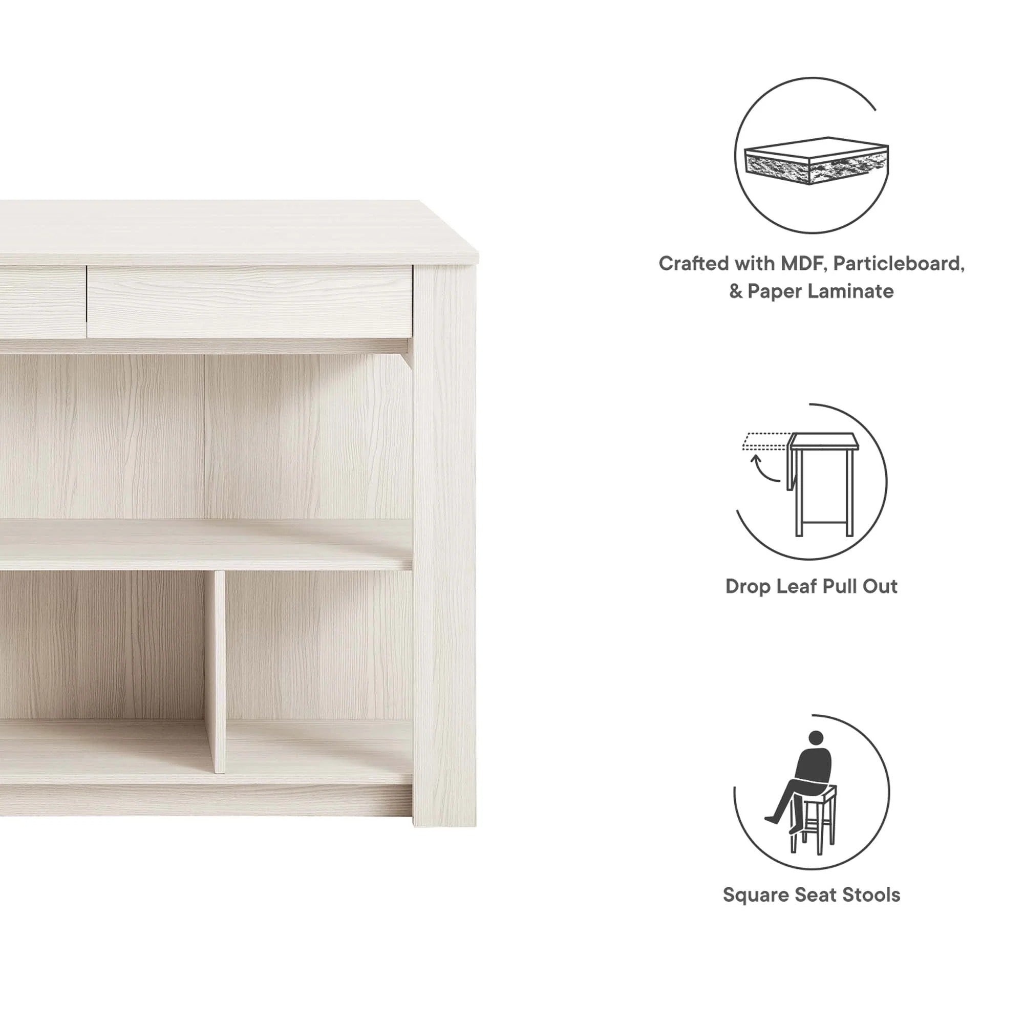 Meadowbrook 3-Piece Kitchen Island and Stool Set in White Maple