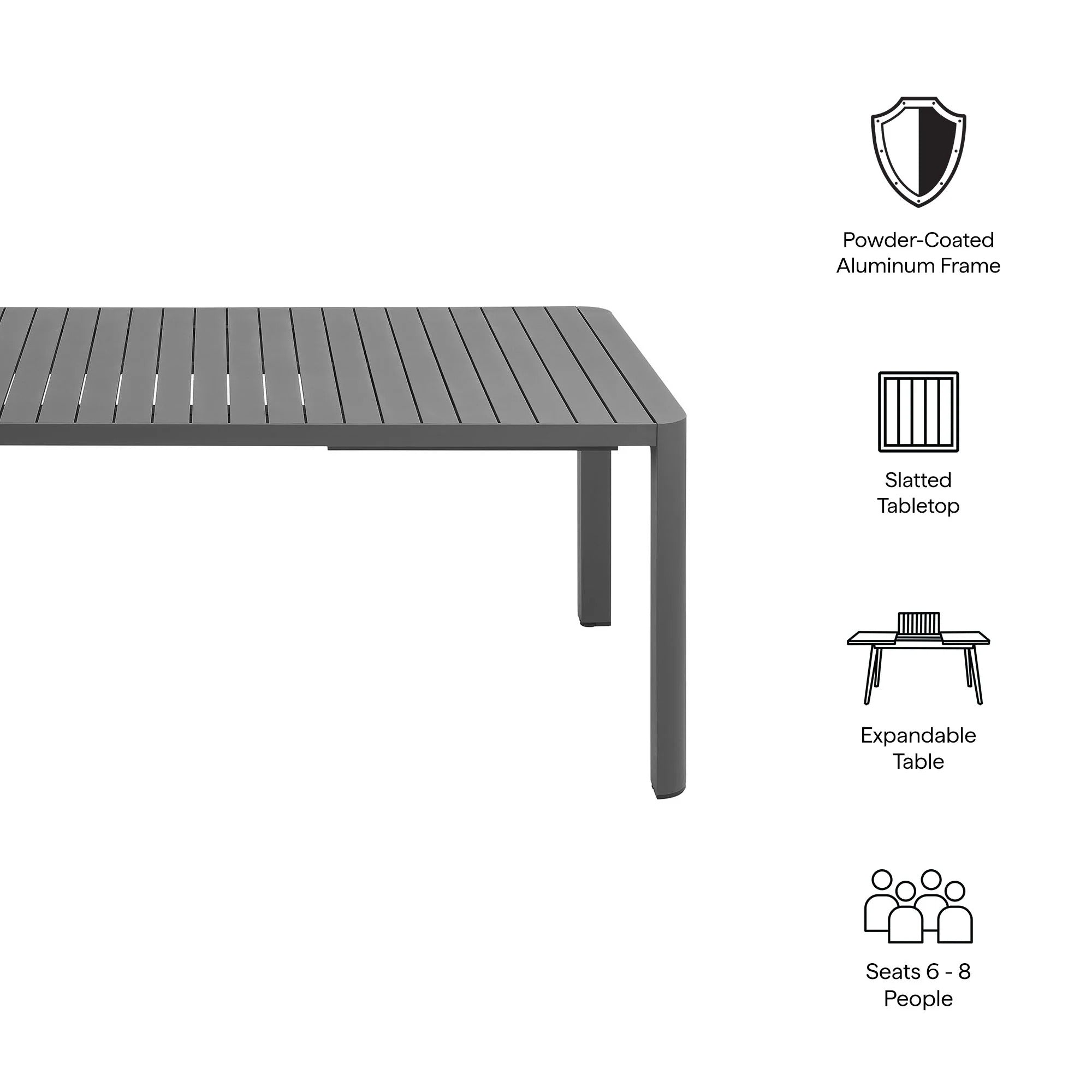 Tahoe Outdoor Patio Aluminum Extendable Dining Table in Gray