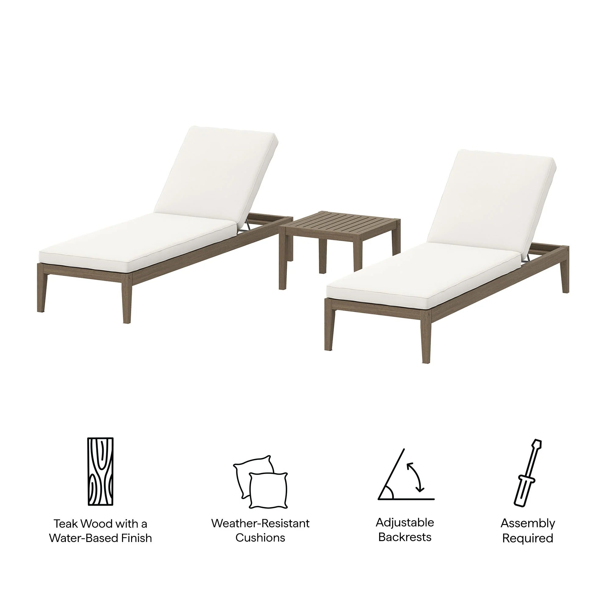 Northlake 3-Piece Outdoor Patio Teak Wood Furniture Set with Chaise Lounges and Side Table in Weathered Gray
