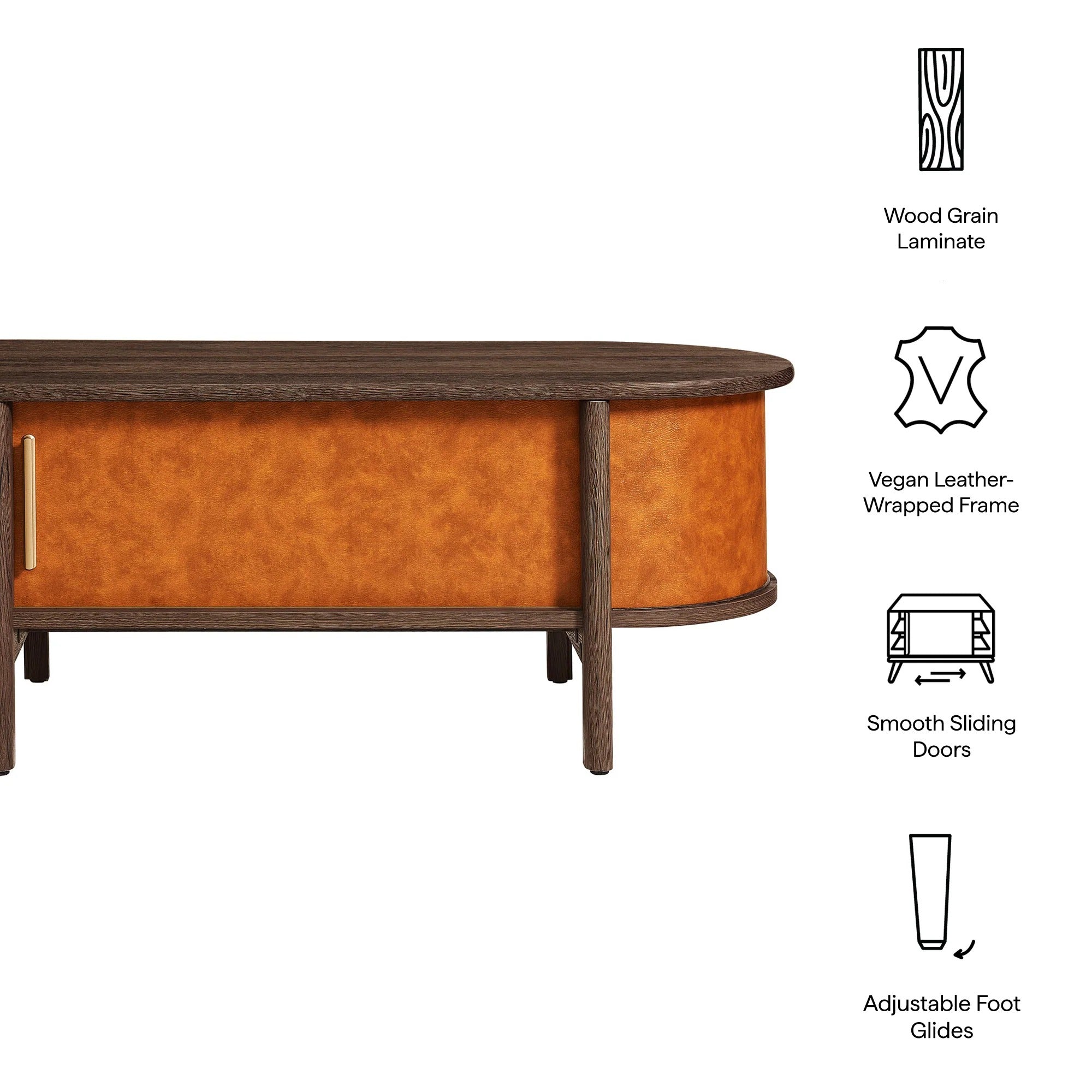 Coralie Curved Vegan Leather Oval Coffee Table in Walnut Tan