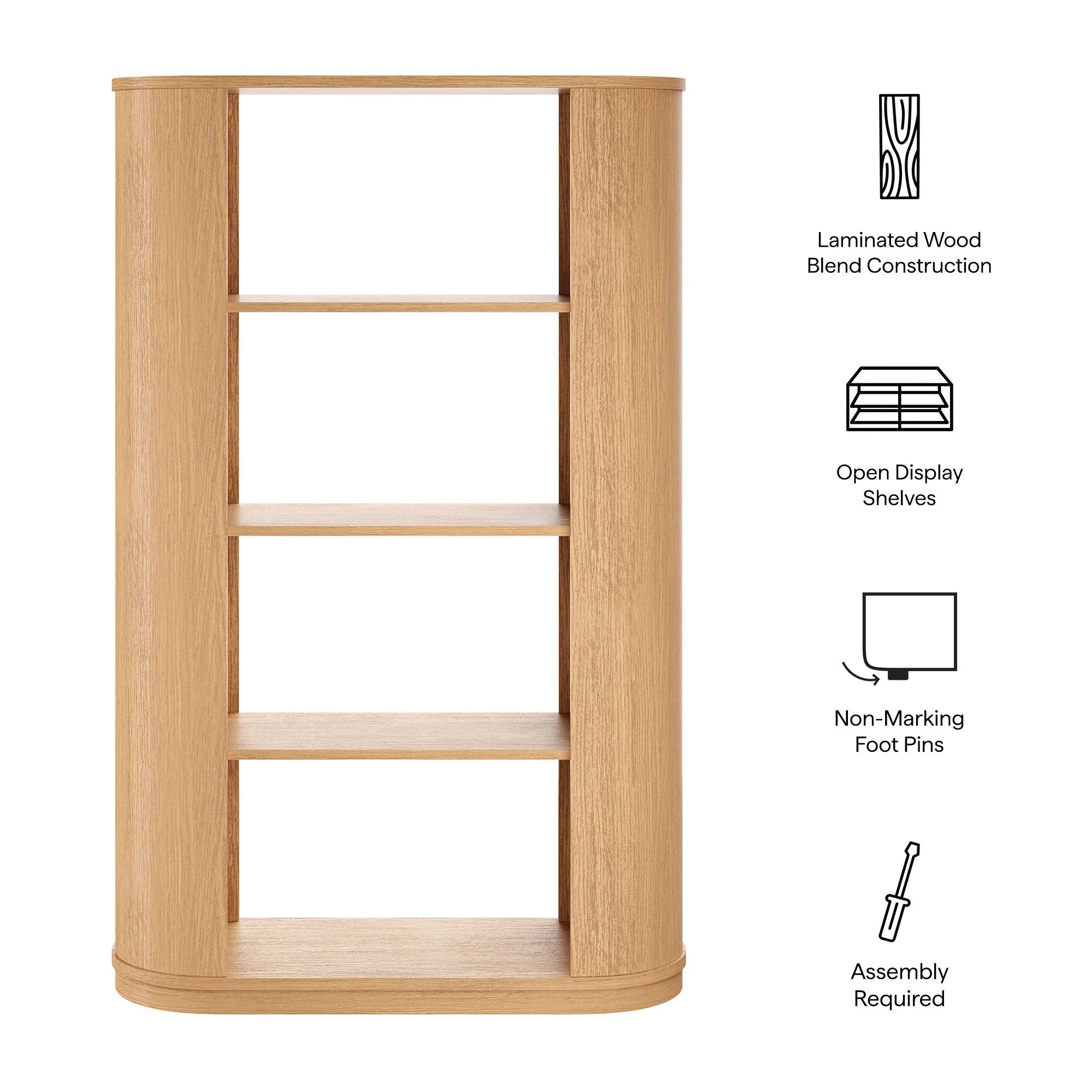 Aspect 74 Inch Curved 4 Tier Bookshelf in Natural