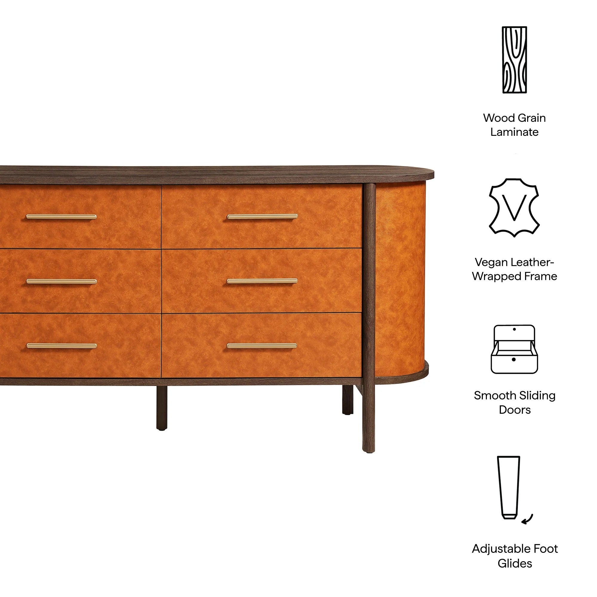 Coralie Curved 6-Drawer Vegan Leather Oval Dresser in Walnut Tan