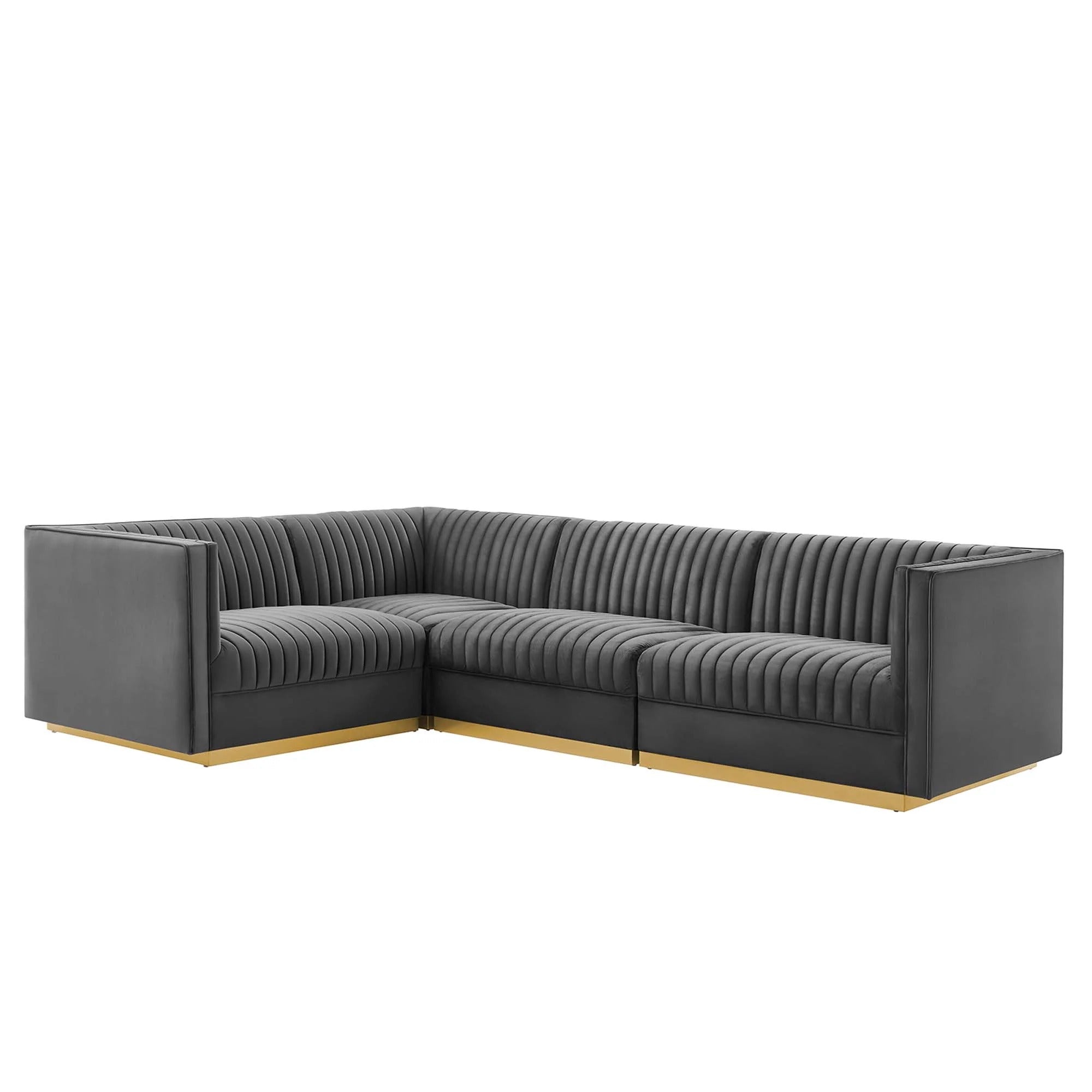 Sanguine 5-Piece Channel Tufted Performance Velvet Left-Facing Modular Sectional Sofa in Gray
