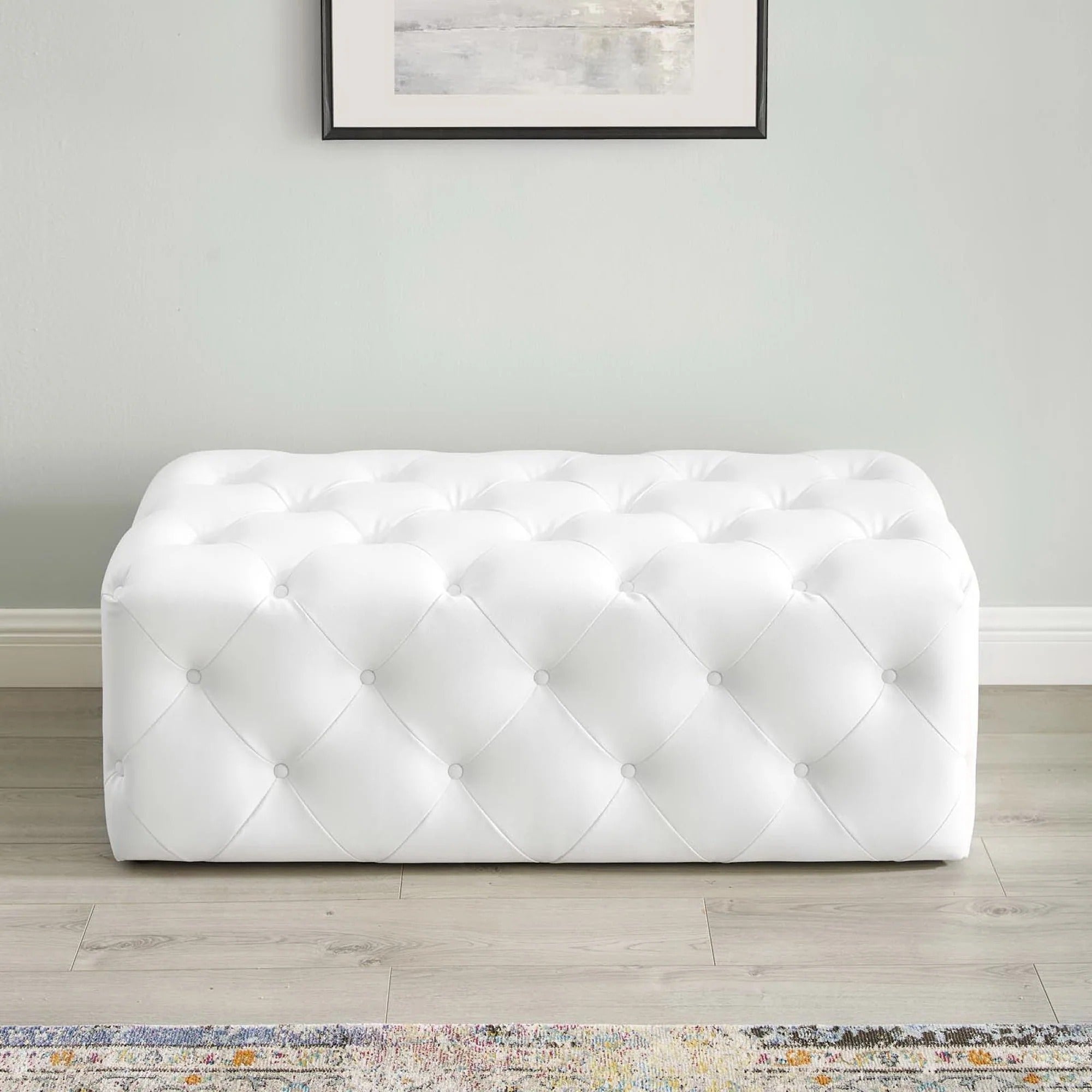 Amour 48" Tufted Button Entryway Faux Leather Bench in White
