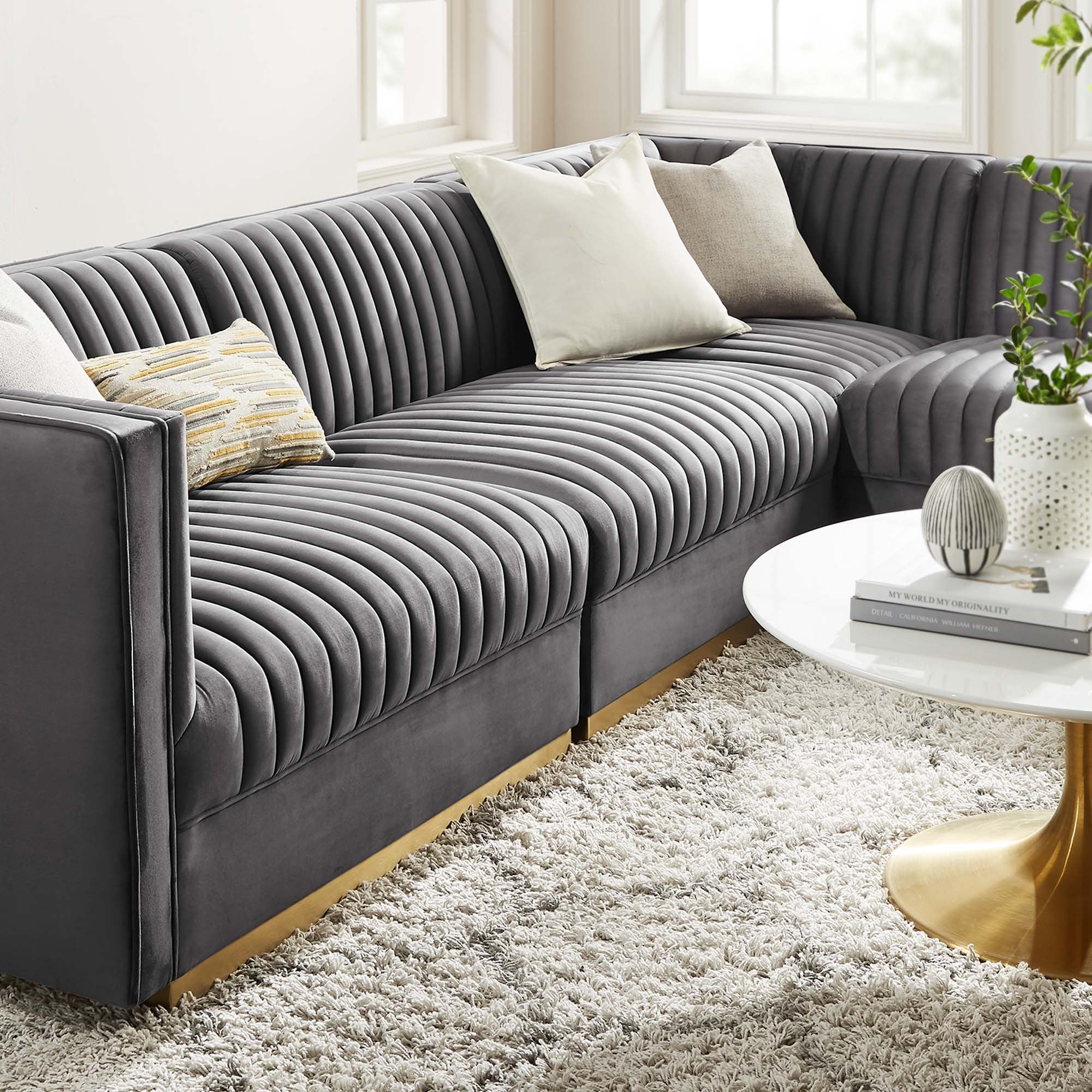 Sanguine 4-Piece Channel Tufted Performance Velvet Right-Facing Modular Sectional Sofa in Gray