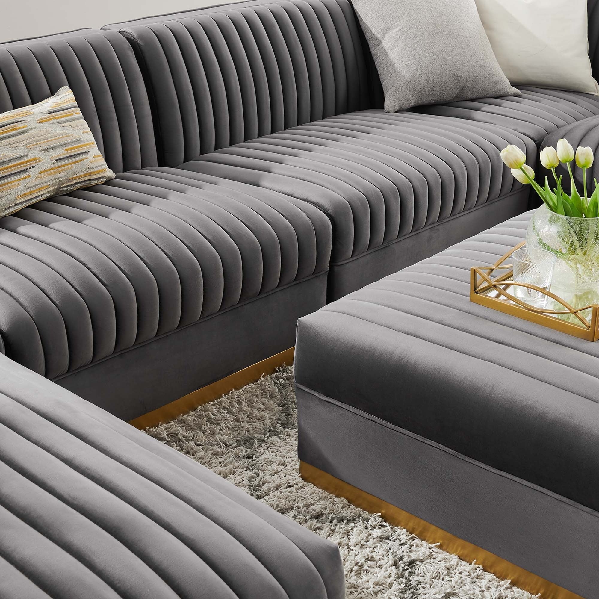 Sanguine 7-Piece Channel Tufted Performance Velvet Right-Facing Modular Sectional Sofa in Gray