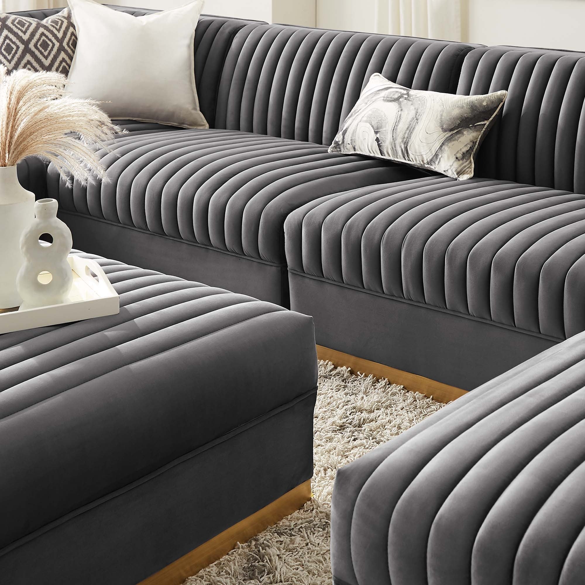 Sanguine 7-Piece Channel Tufted Performance Velvet Left-Facing Modular Sectional Sofa in Gray
