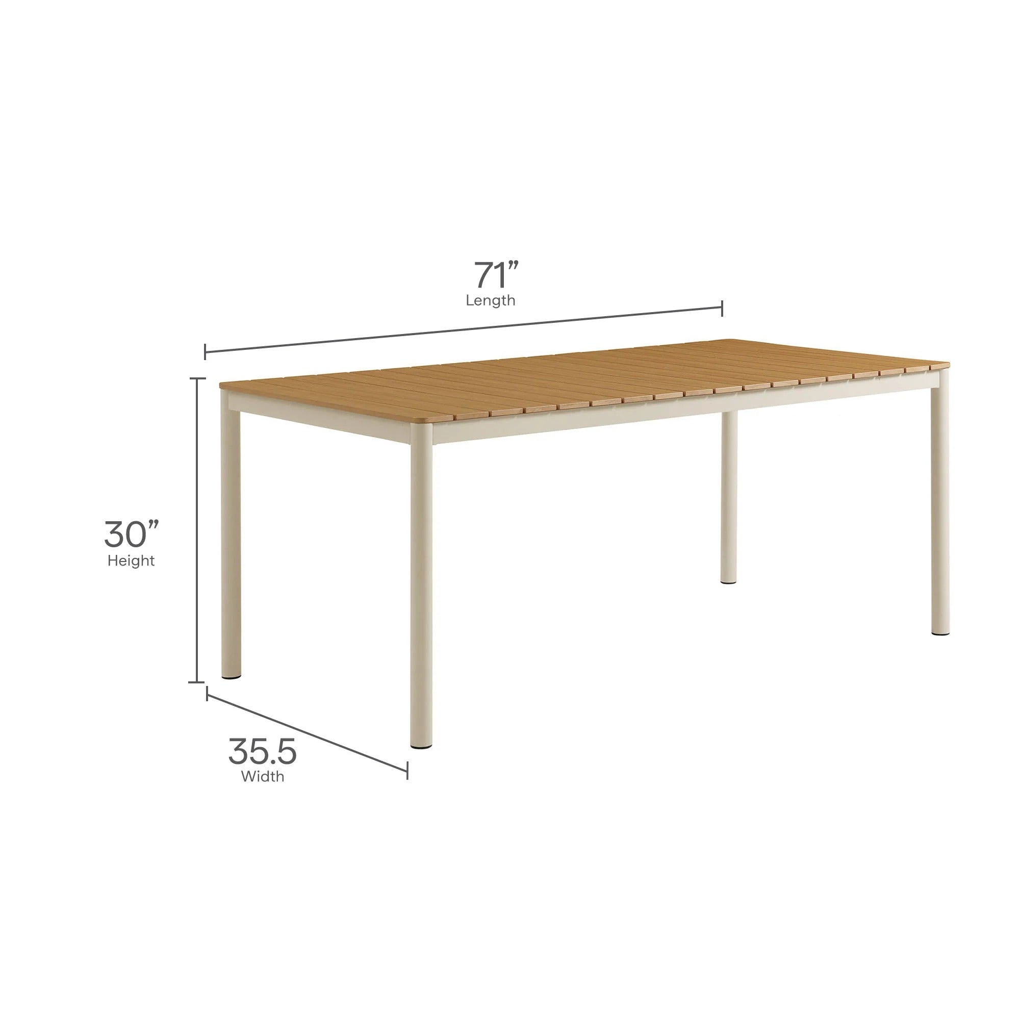 Finn 71" Outdoor Patio Aluminum Dining Table with Faux Wood Top in Natural