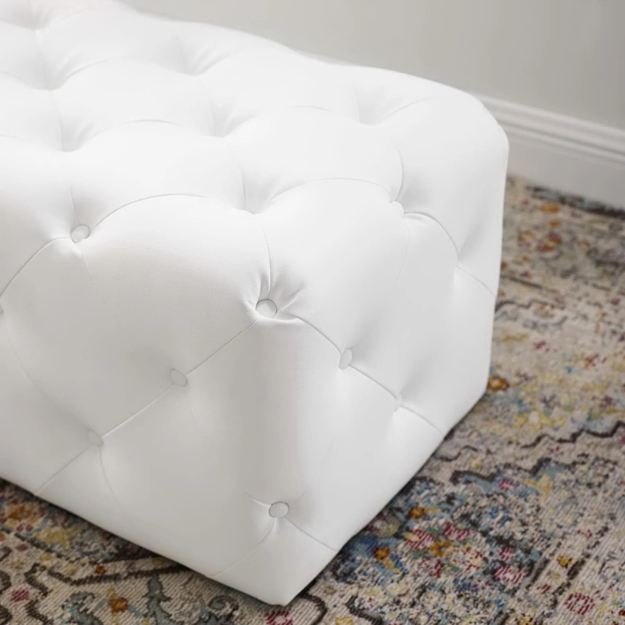 Amour 48" Tufted Button Entryway Faux Leather Bench in White