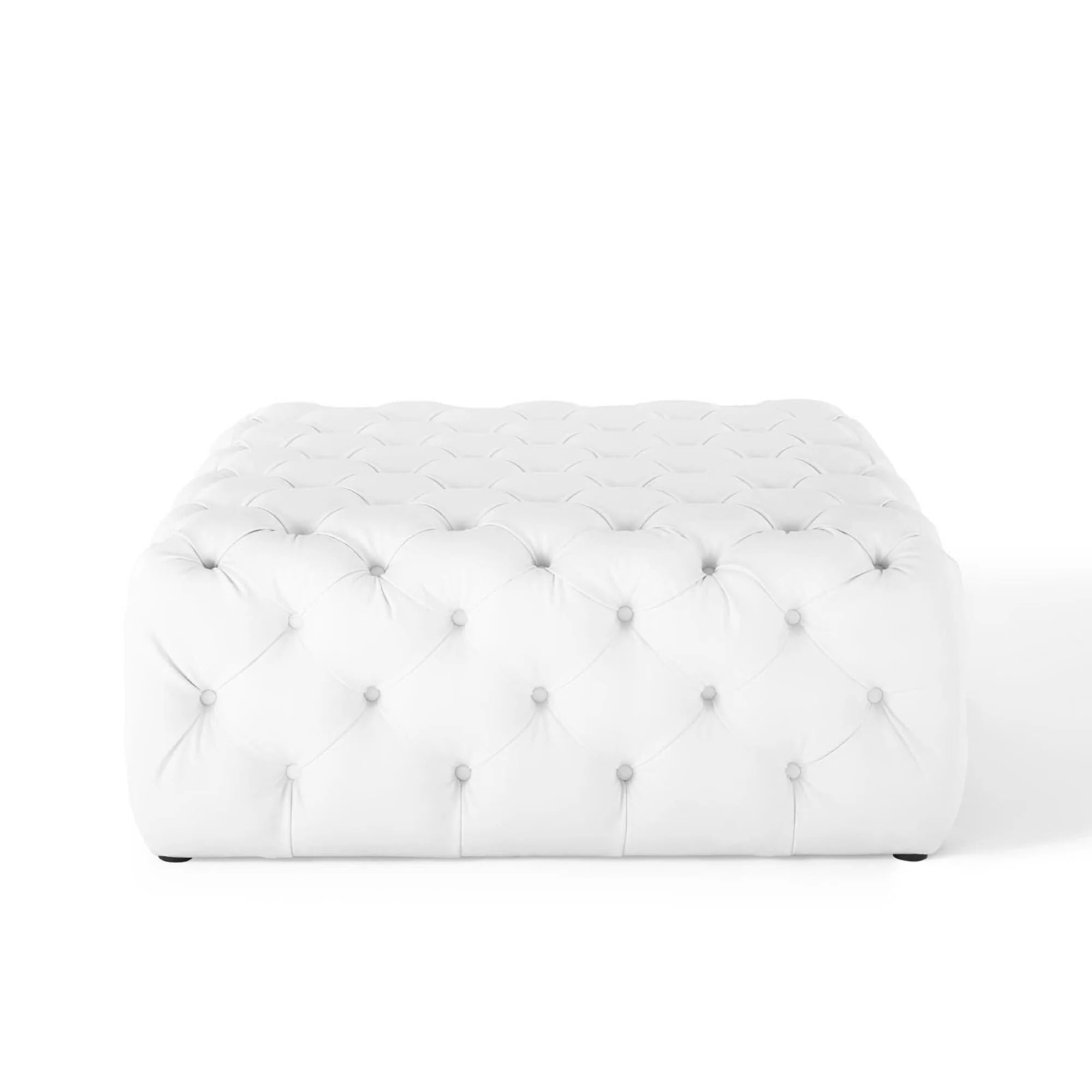 Amour Tufted Button Large Square Faux Leather Ottoman in White