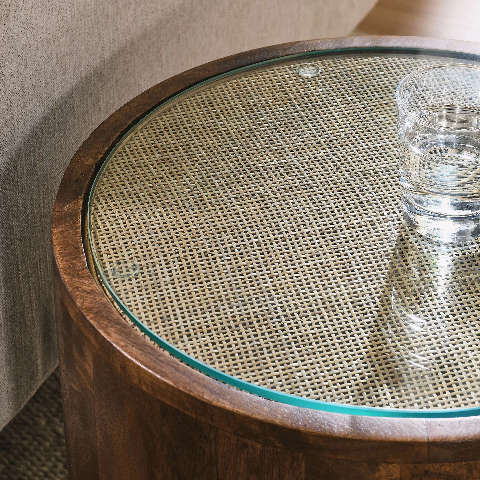 Truett Round Wood Rattan Side Table in Walnut