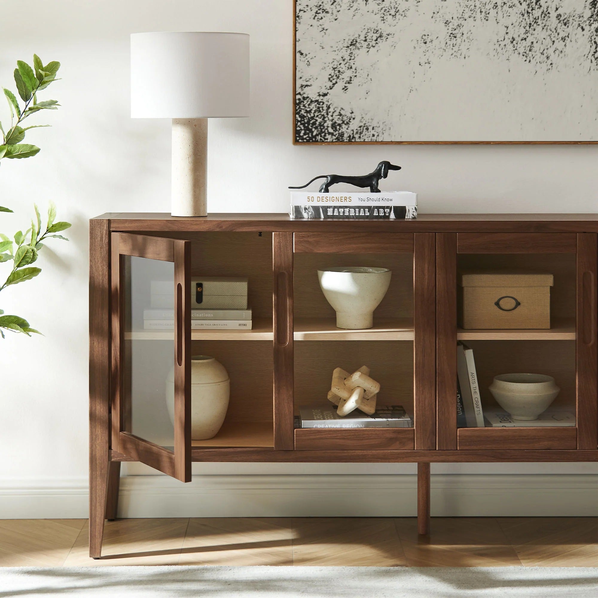 Nell 72" Glass Door Sideboard Storage Display Cabinet in Walnut