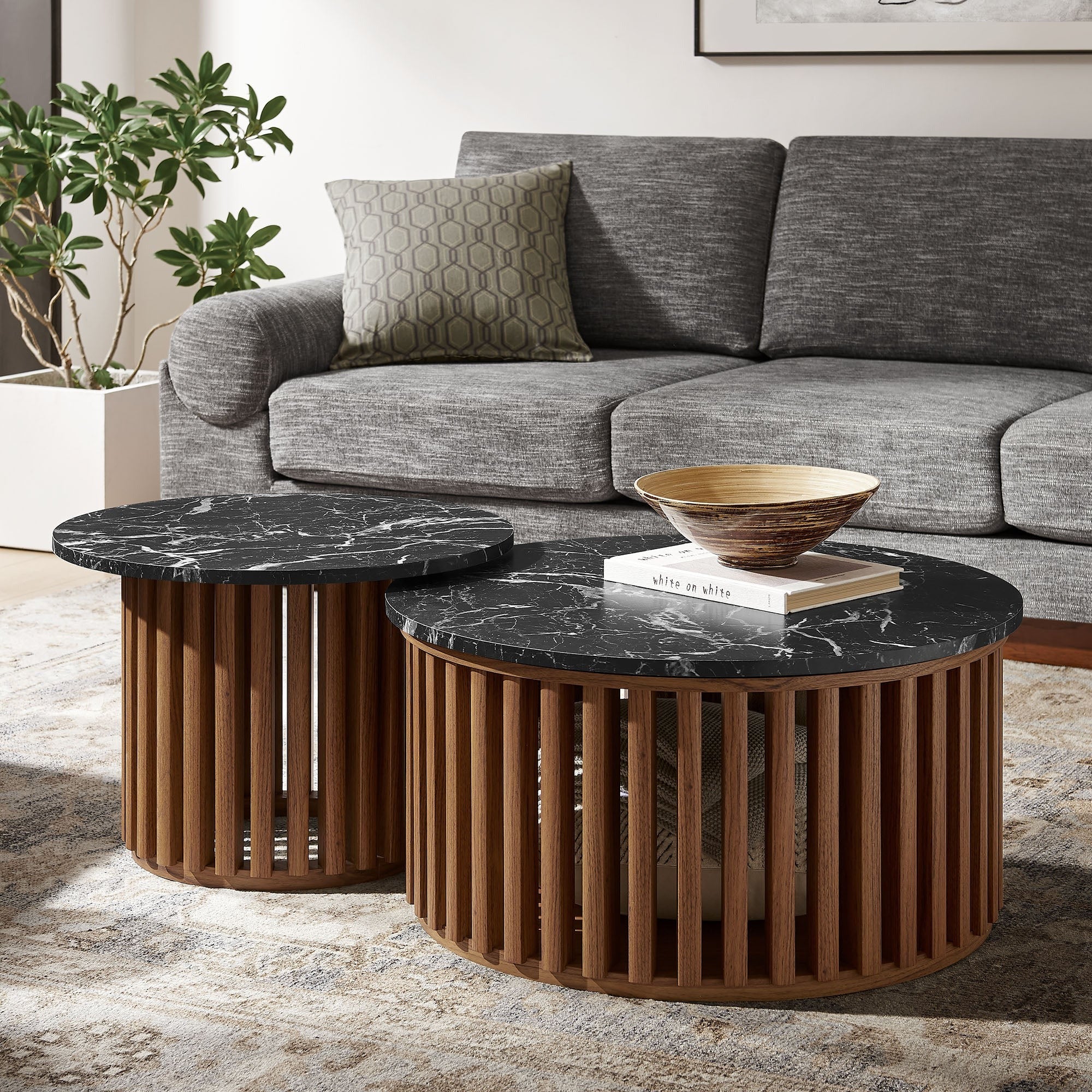 Fortitude Round Faux Marble Top Nesting Coffee Table Set in Walnut Black