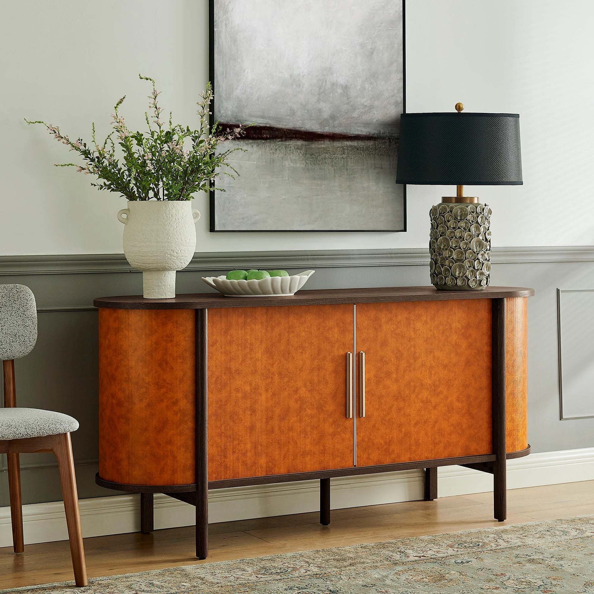 Coralie Curved Vegan Leather Oval Sideboard in Walnut Tan