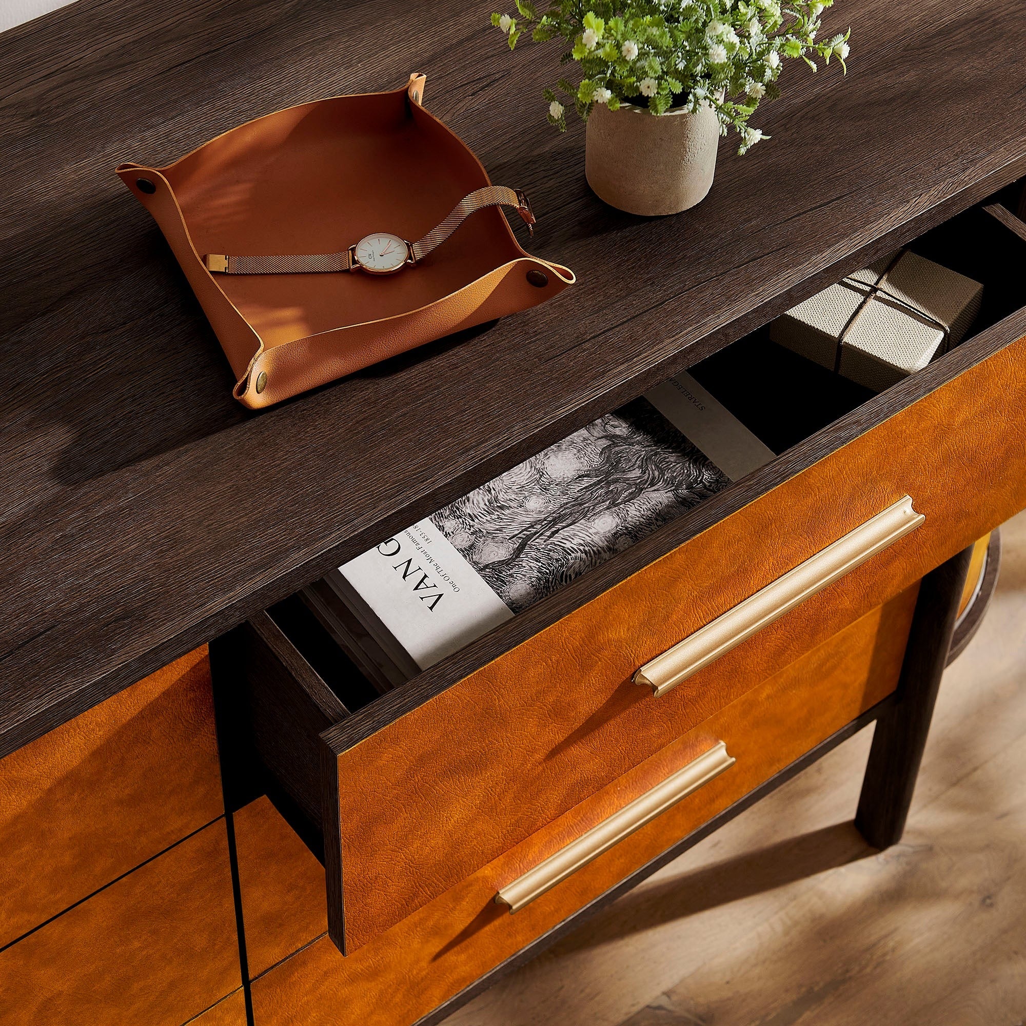 Coralie Curved 6-Drawer Vegan Leather Oval Dresser in Walnut Tan