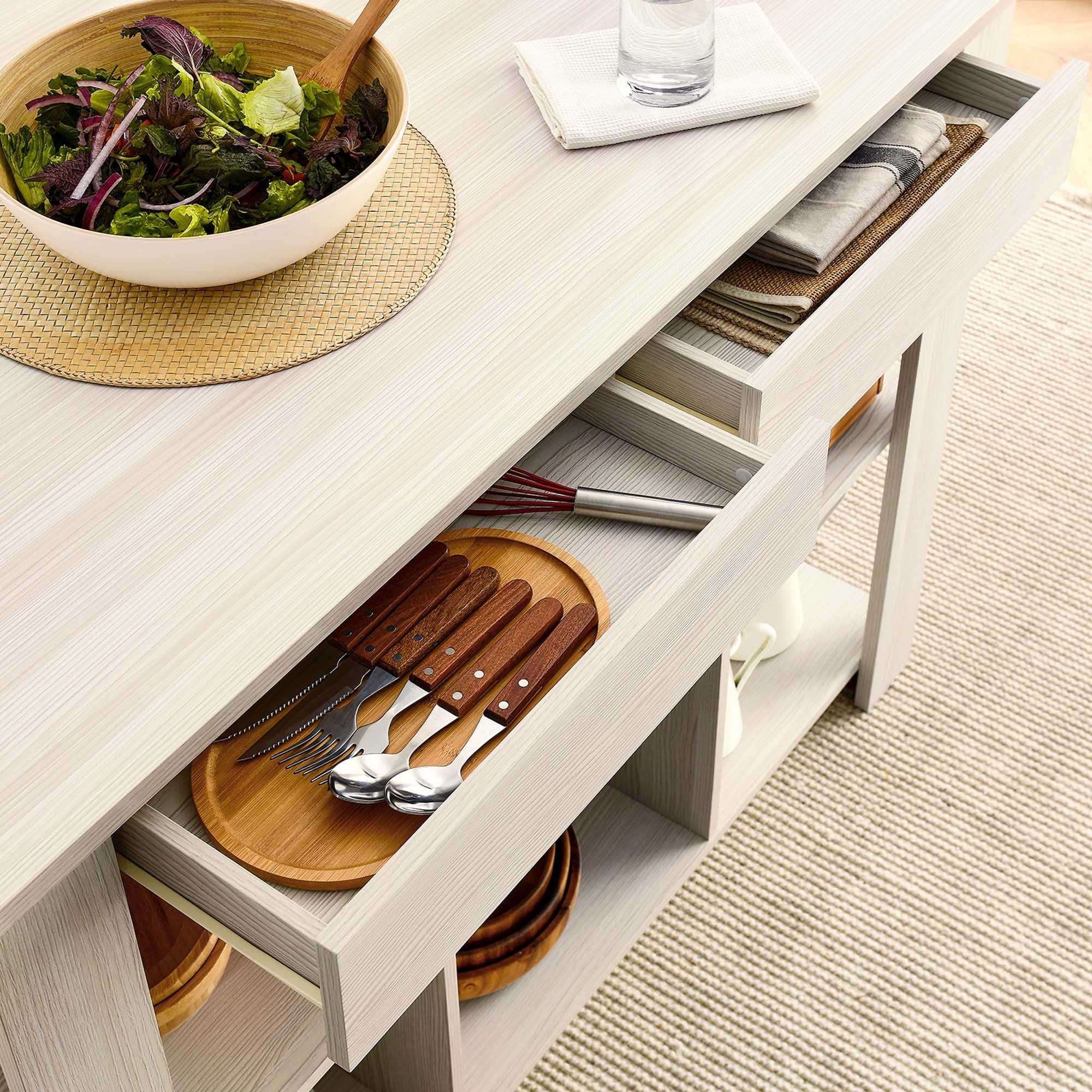Meadowbrook 3-Piece Kitchen Island and Stool Set in White Maple