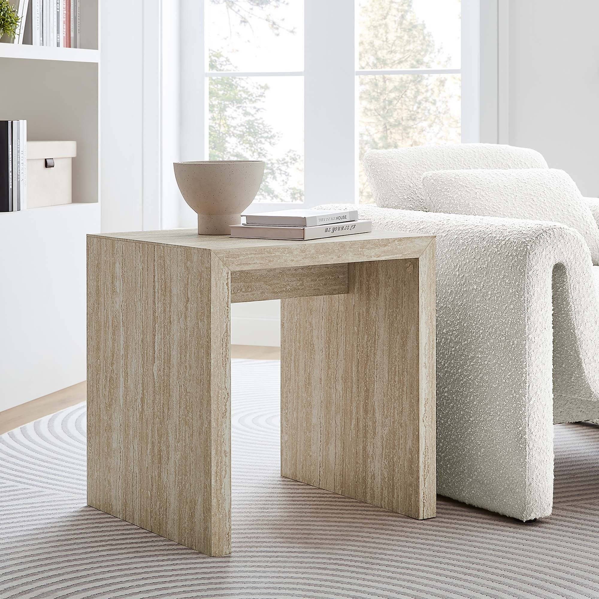 Mirella Faux Travertine Side Table in Travertine