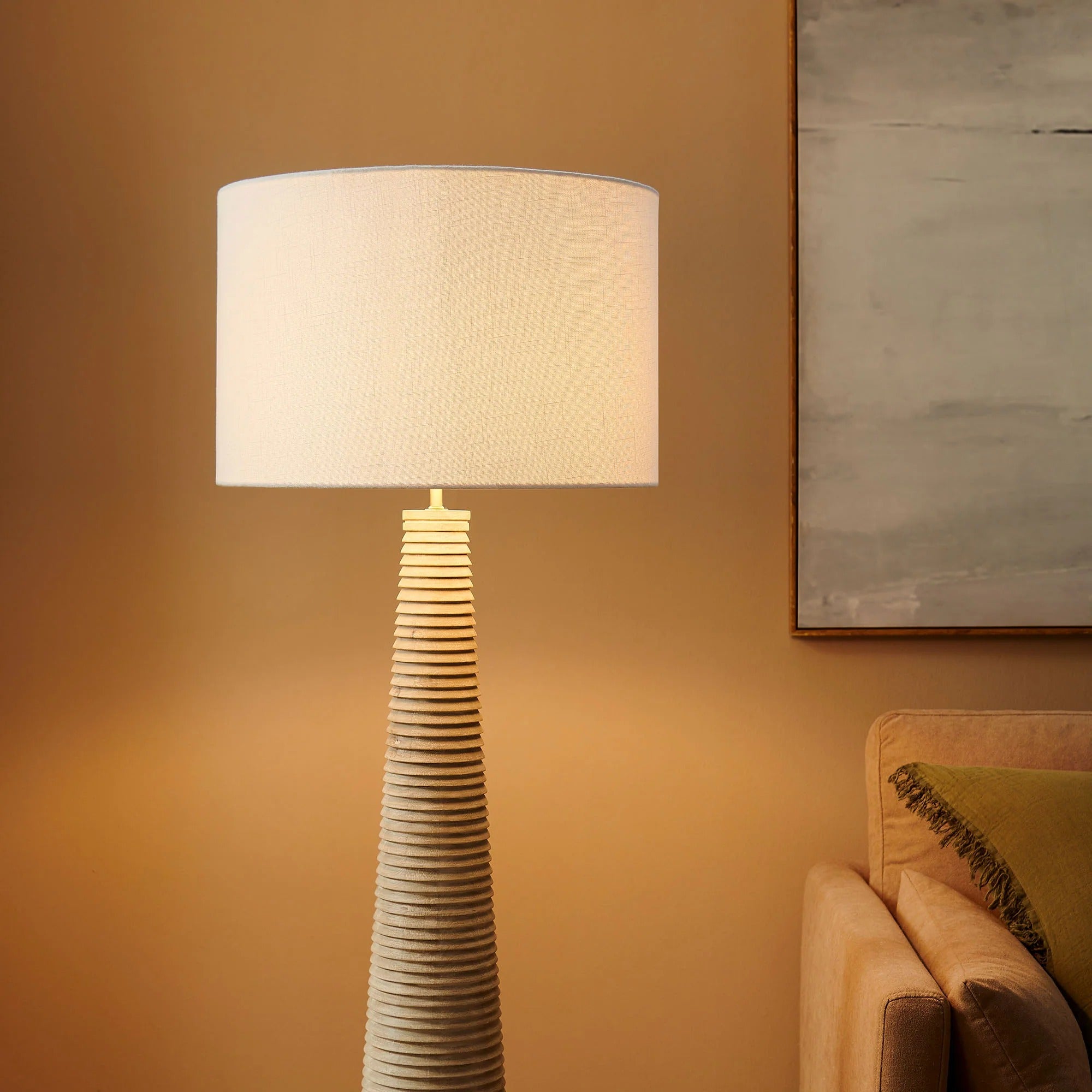Saylor Carved Ribbed Wood Floor Lamp With Drum Shade in White Gray