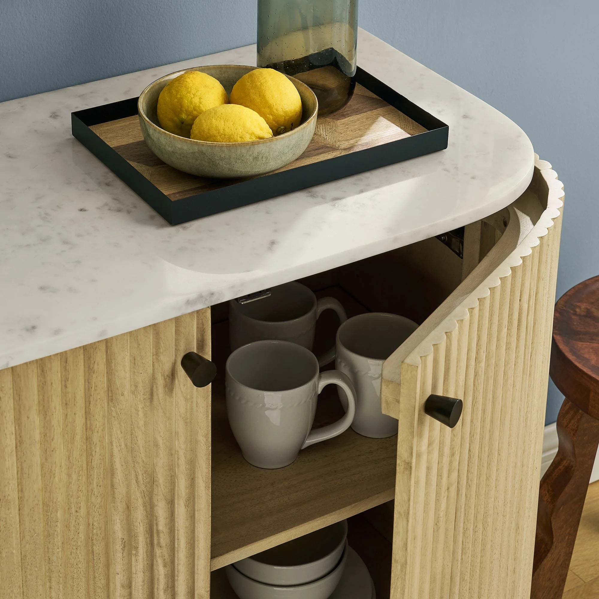 Caldera 33" Curved Solid Wood and Marble Accent Storage Cabinet in Natural