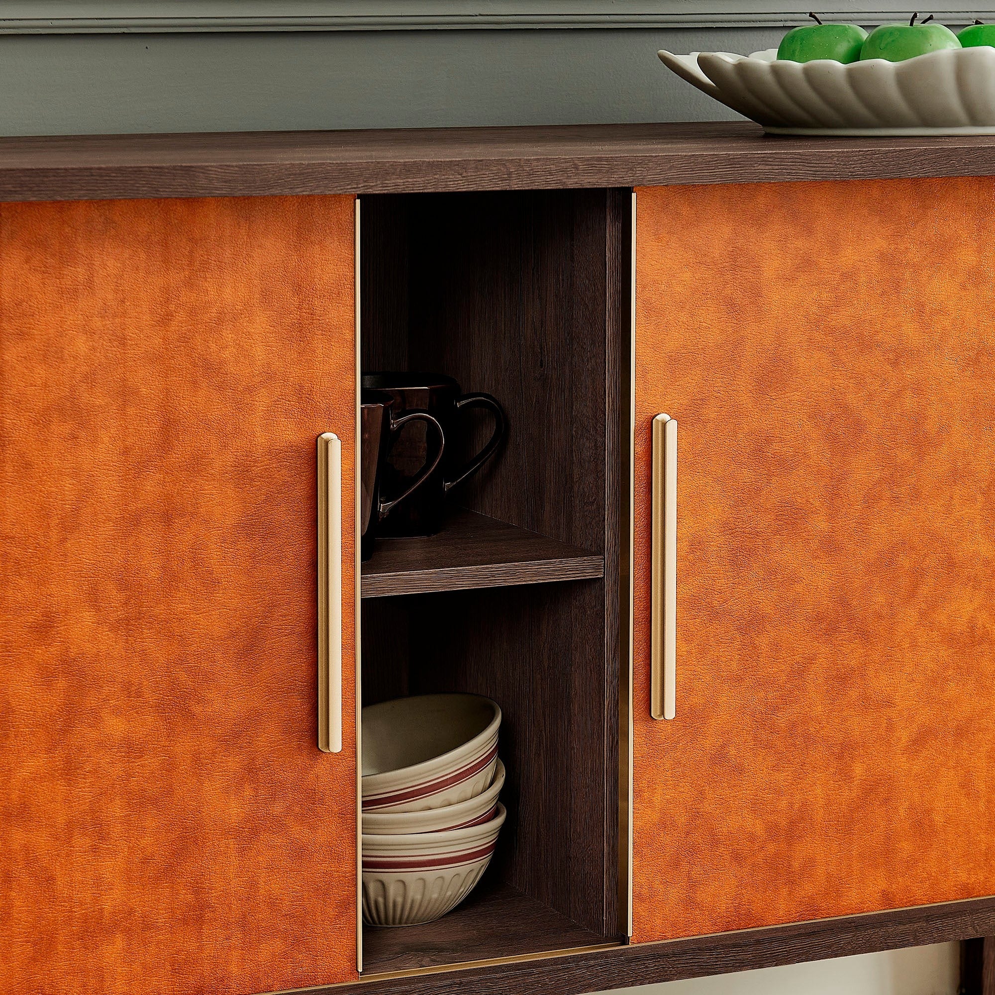 Coralie Curved Vegan Leather Oval Sideboard in Walnut Tan