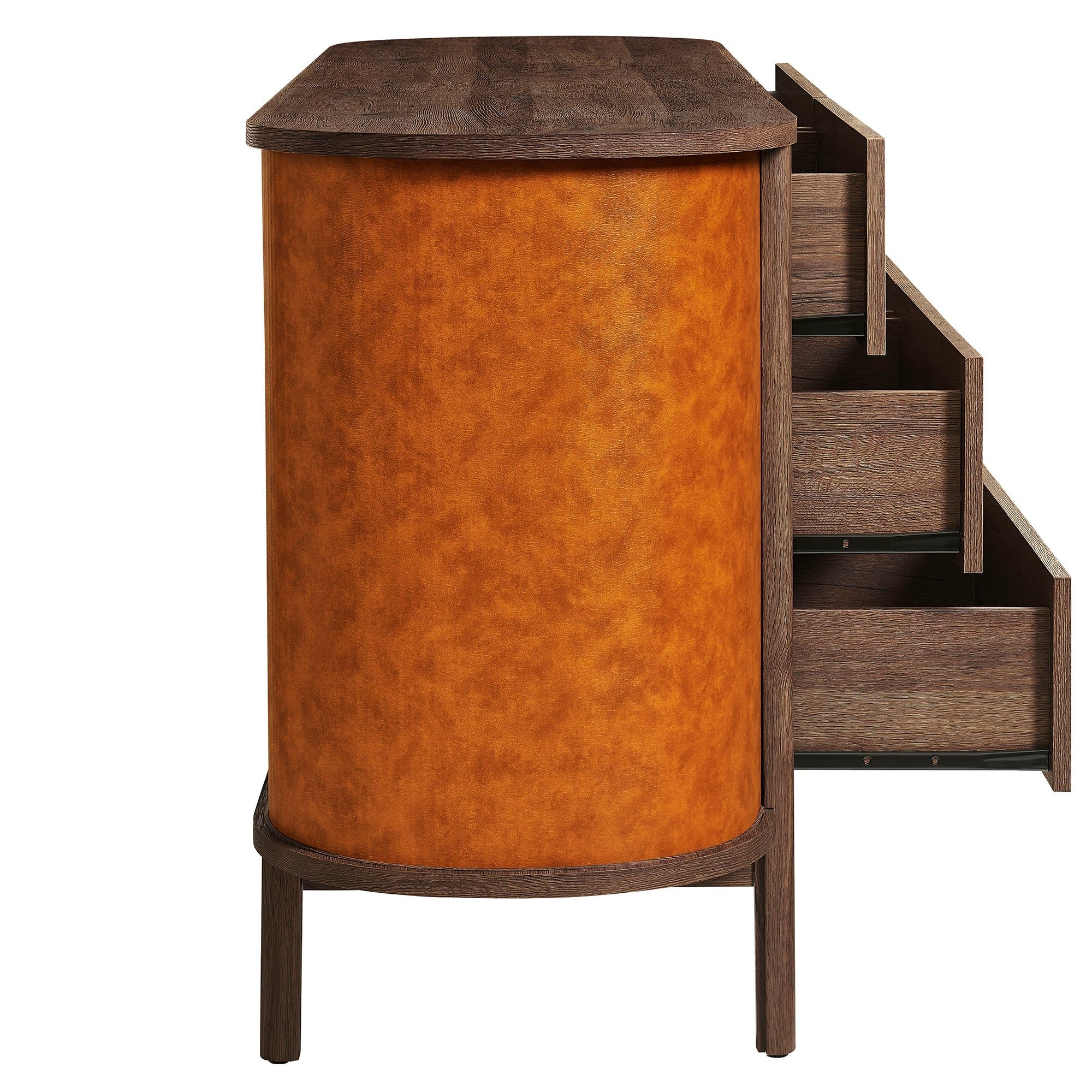 Coralie Curved 6-Drawer Vegan Leather Oval Dresser in Walnut Tan