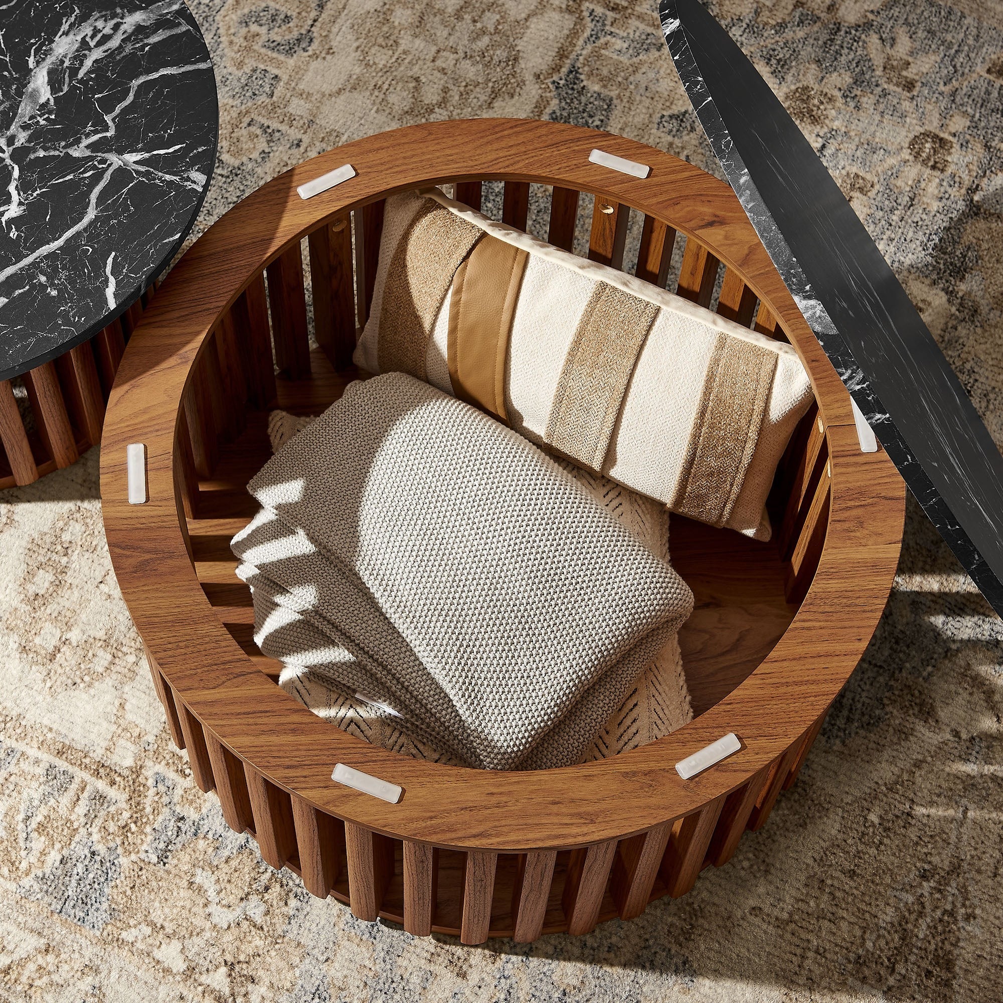 Fortitude Round Faux Marble Top Nesting Coffee Table Set in Walnut Black