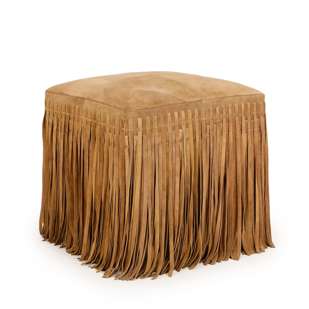 Daphne Square Suede Fringe Ottoman - Saddle Brown