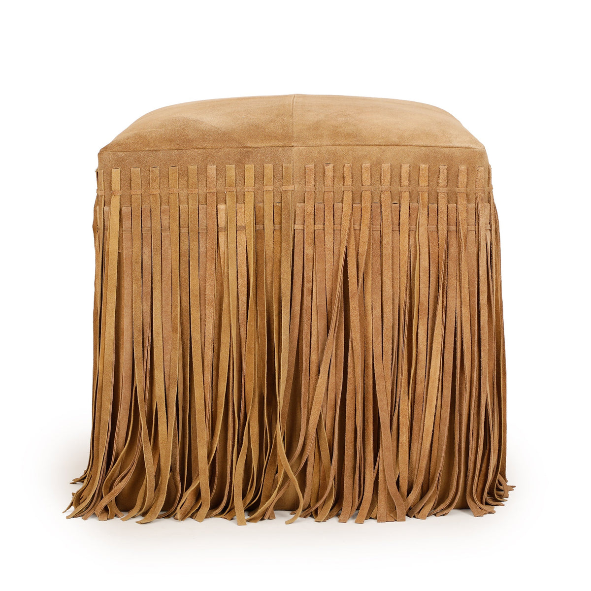 Daphne Square Suede Fringe Ottoman - Saddle Brown