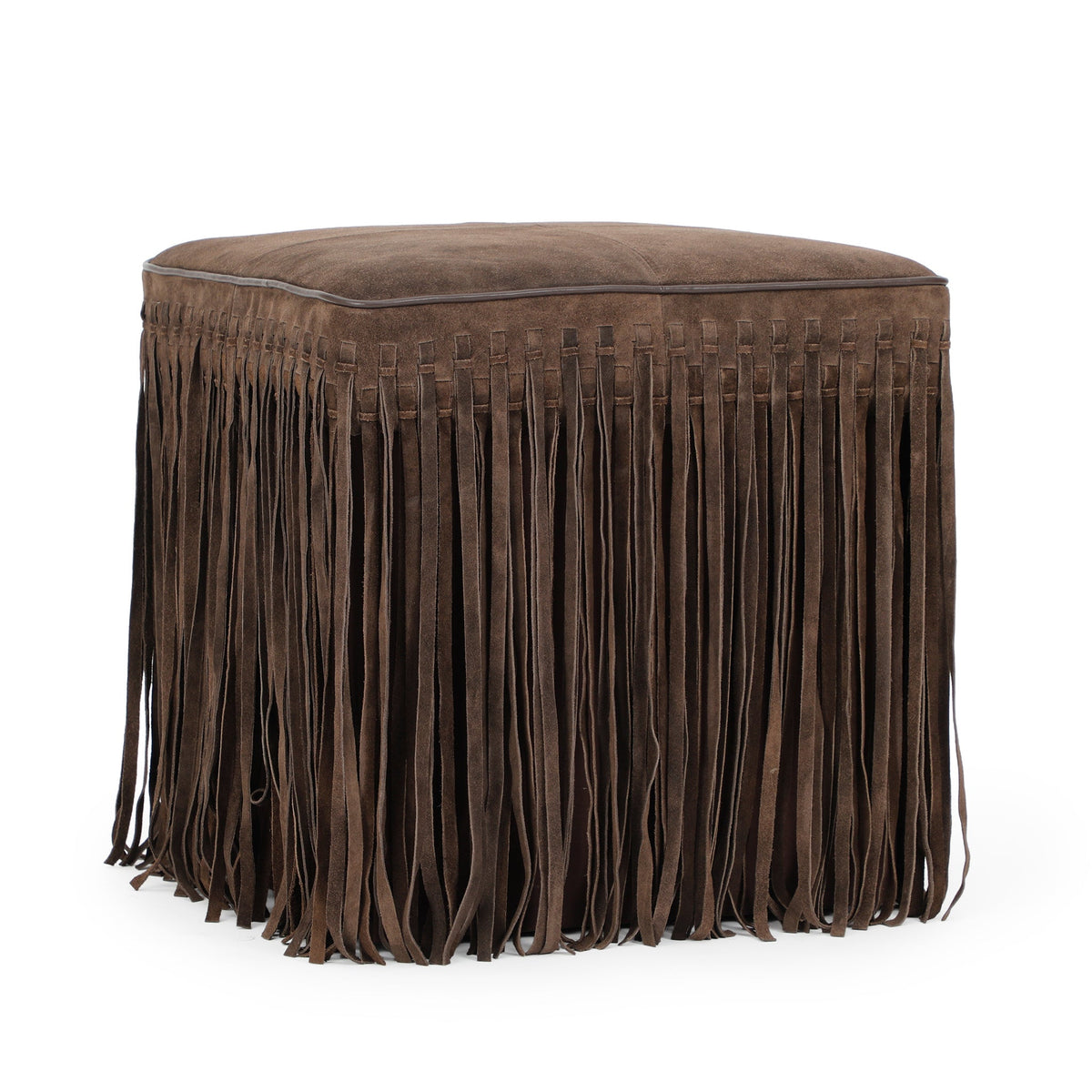 Daphne Square Suede Fringe Ottoman - Chocolate Brown