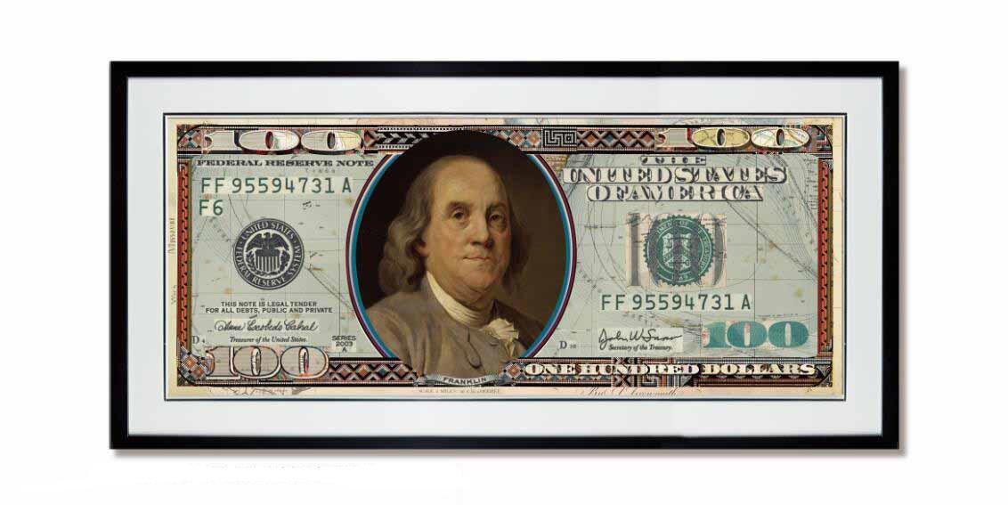 One Hundred US Dollar Collage Art with Black Frame