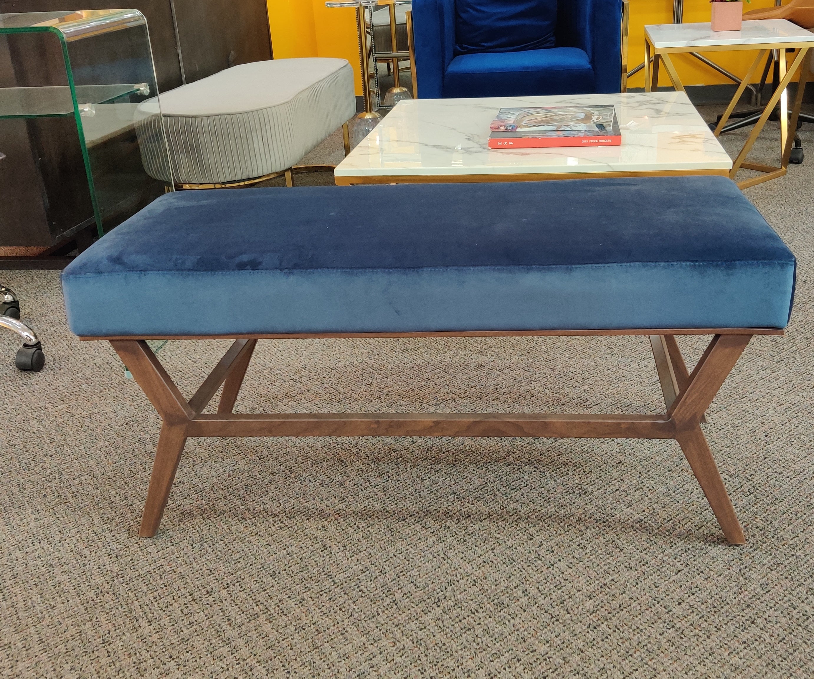 Velvet Bench w/ Wooden Legs | Floor Model