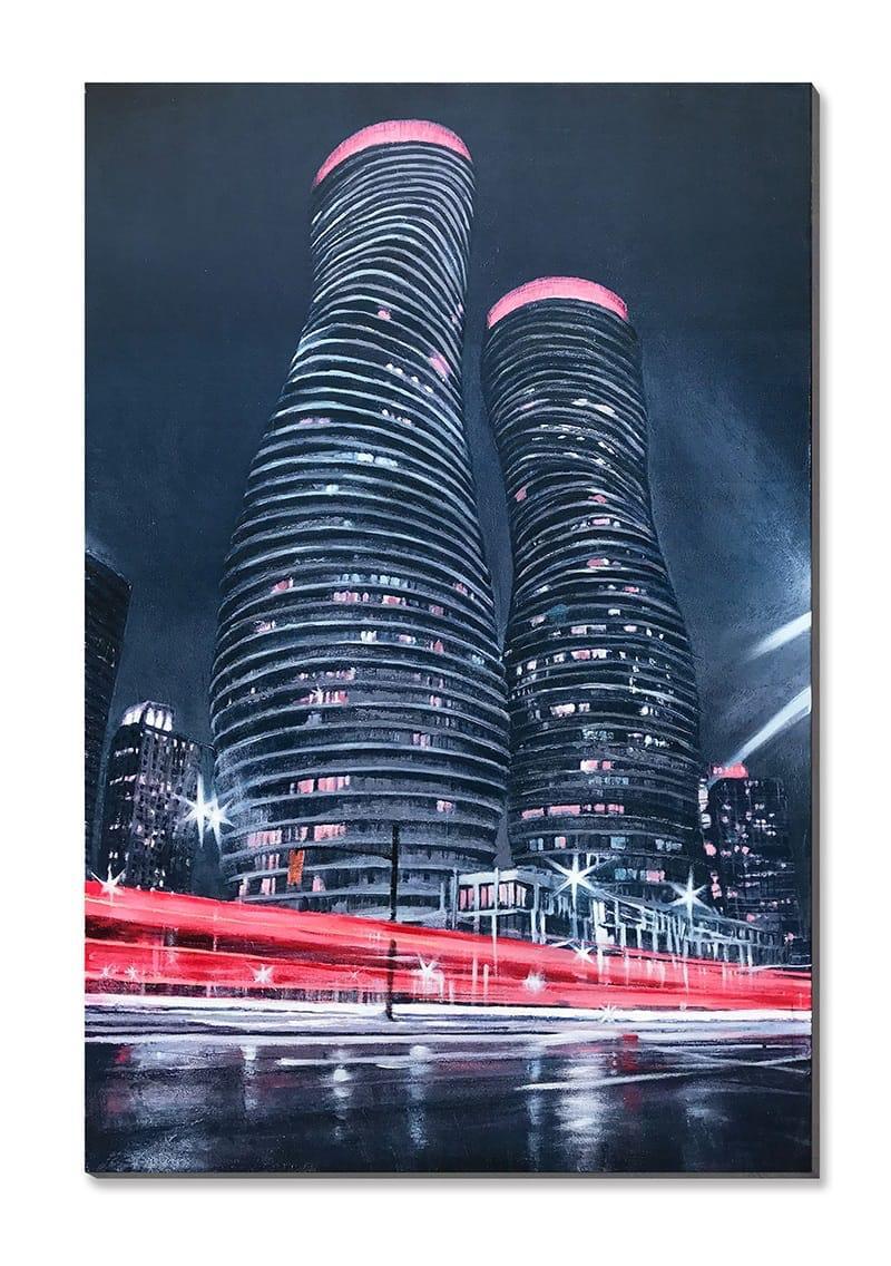 Vue nocturne des tours Monroe - 50 % peintes à la main