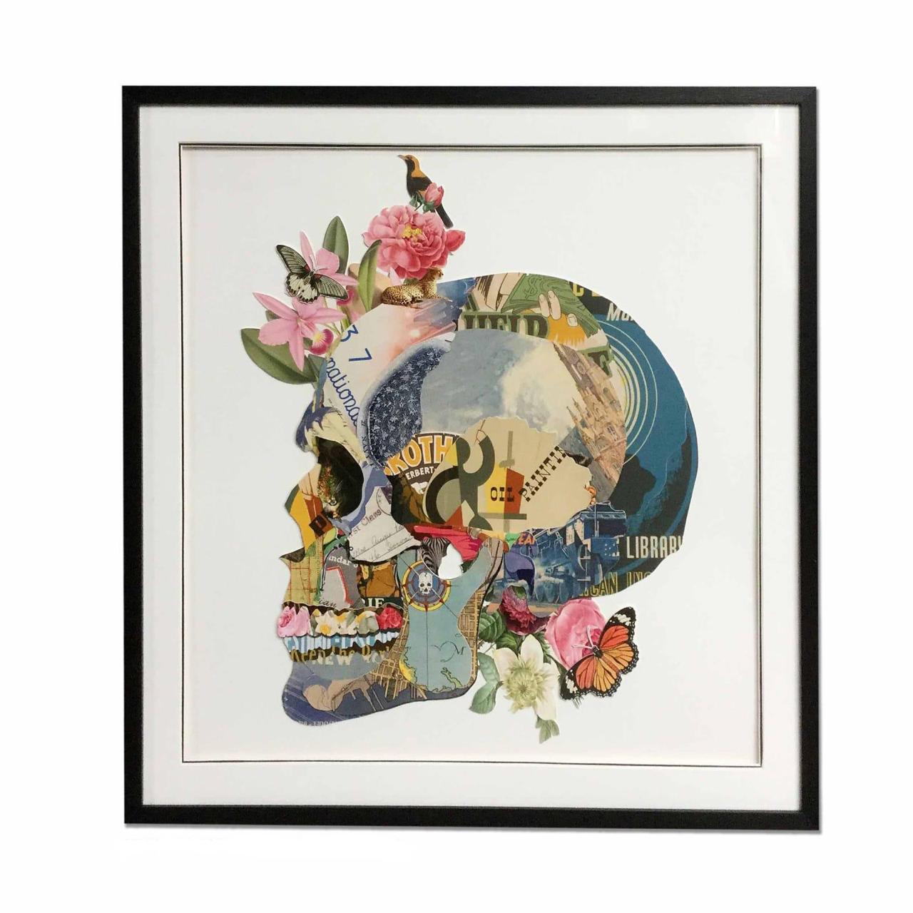 Art de collage de crâne orienté sur le côté avec cadre noir
