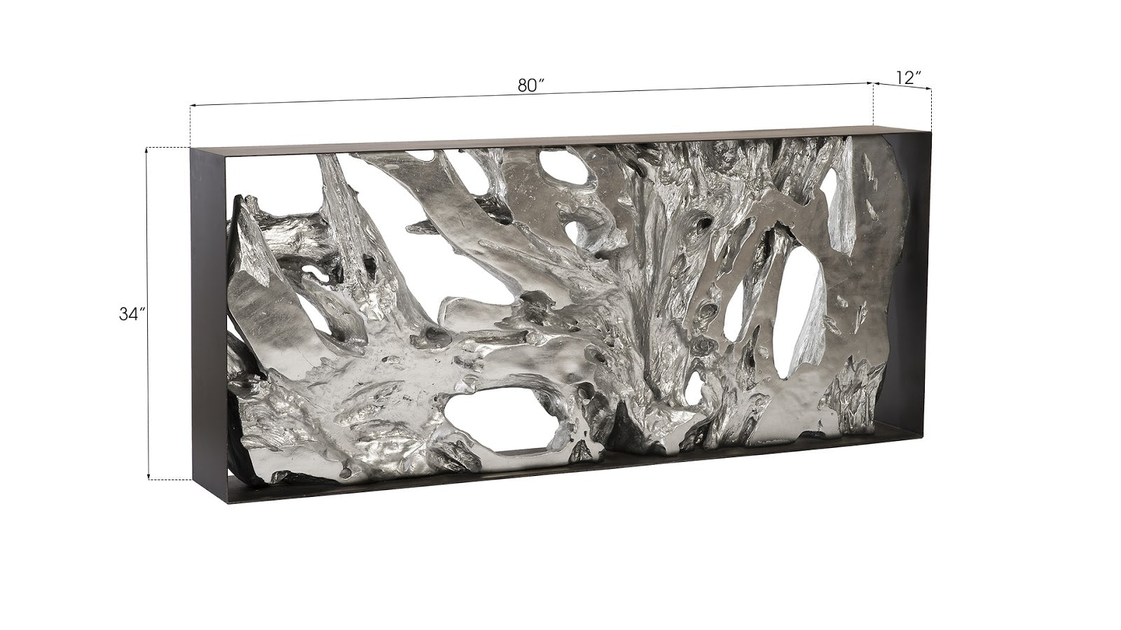 Table console en racine moulée, cadre en fer, résine, feuille d'argent