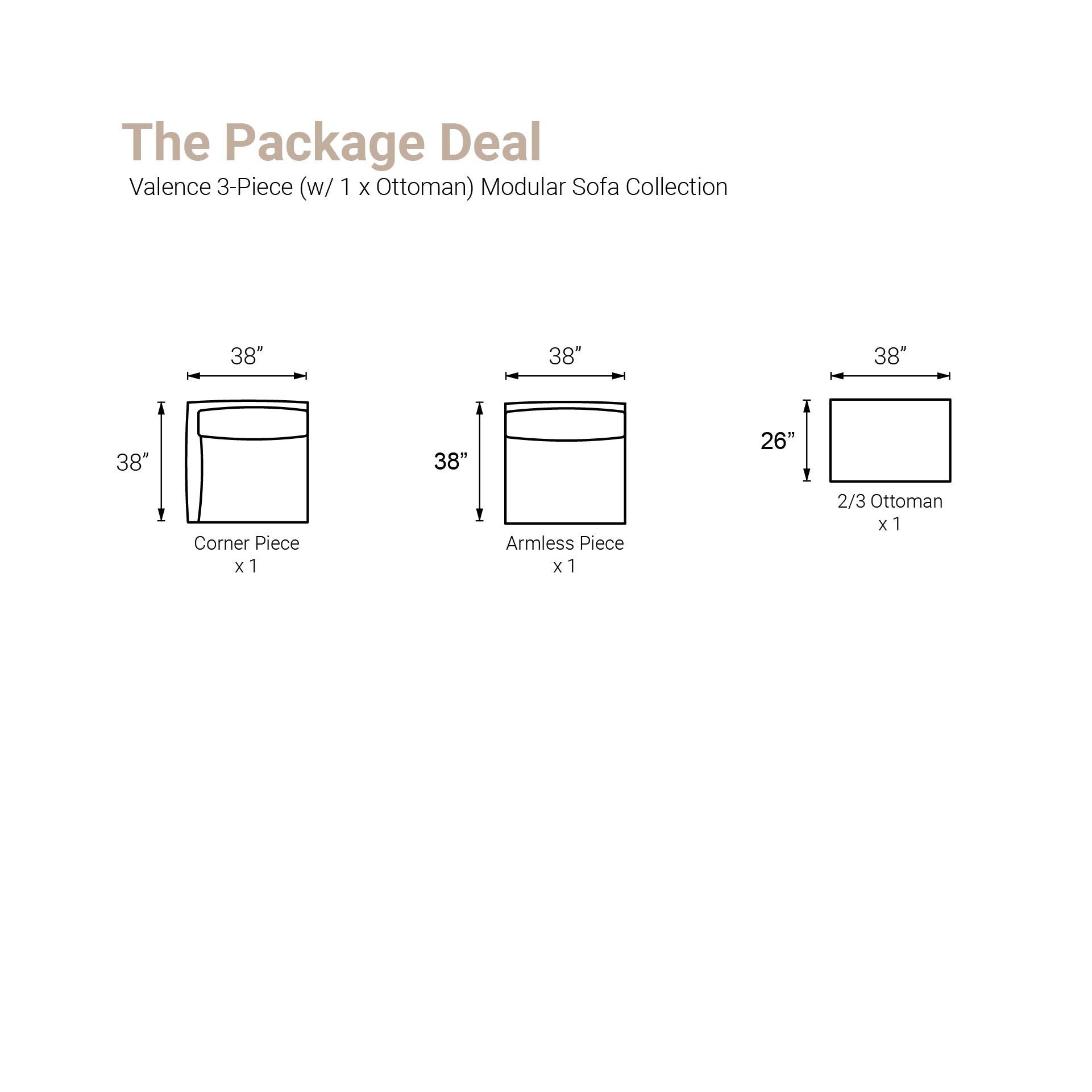 Valence 3 Piece (Incl. 1 ottoman) Modular Sofa Set